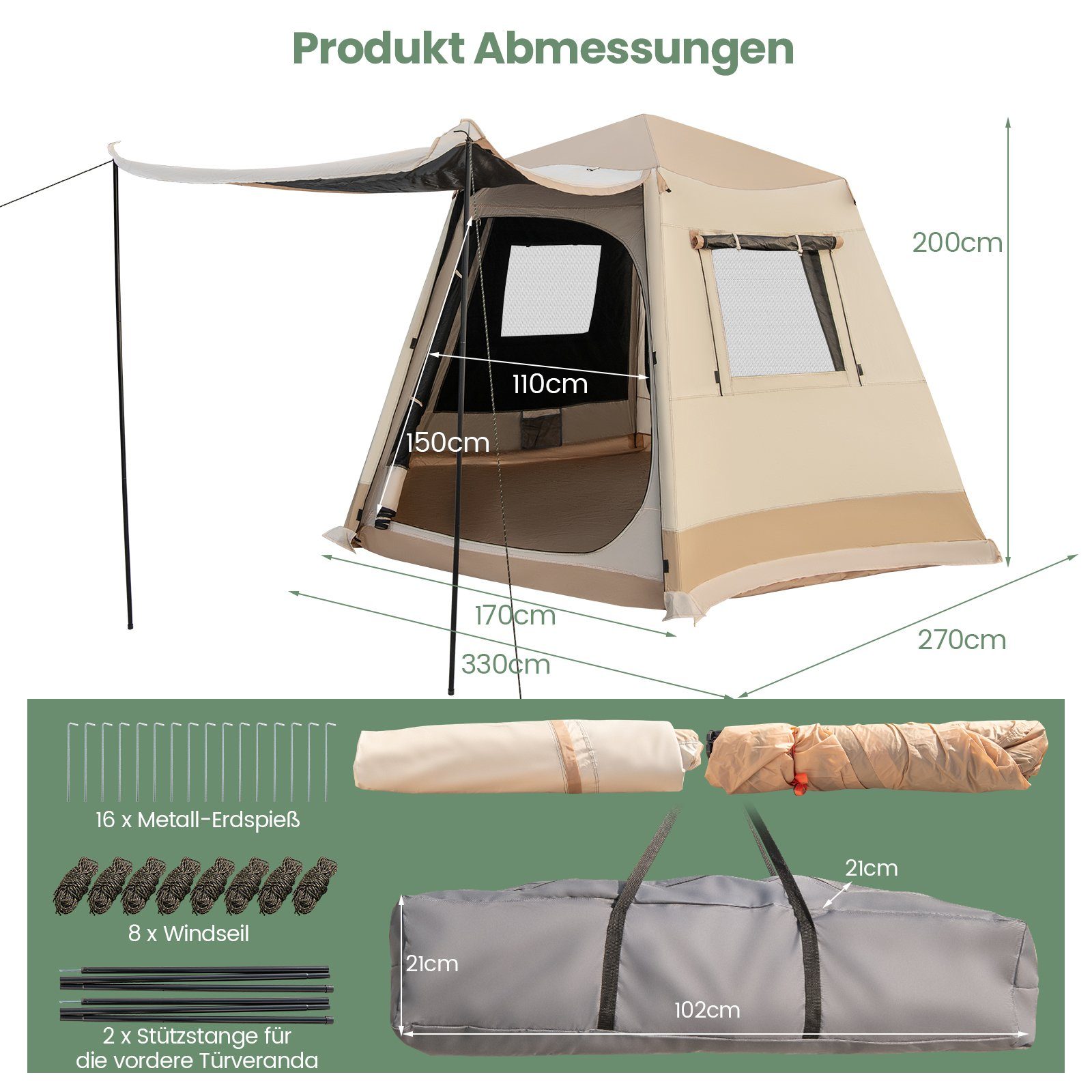 COSTWAY Wurfzelt, Personen: 6, Campingzelt, 330 x 270 x 200cm