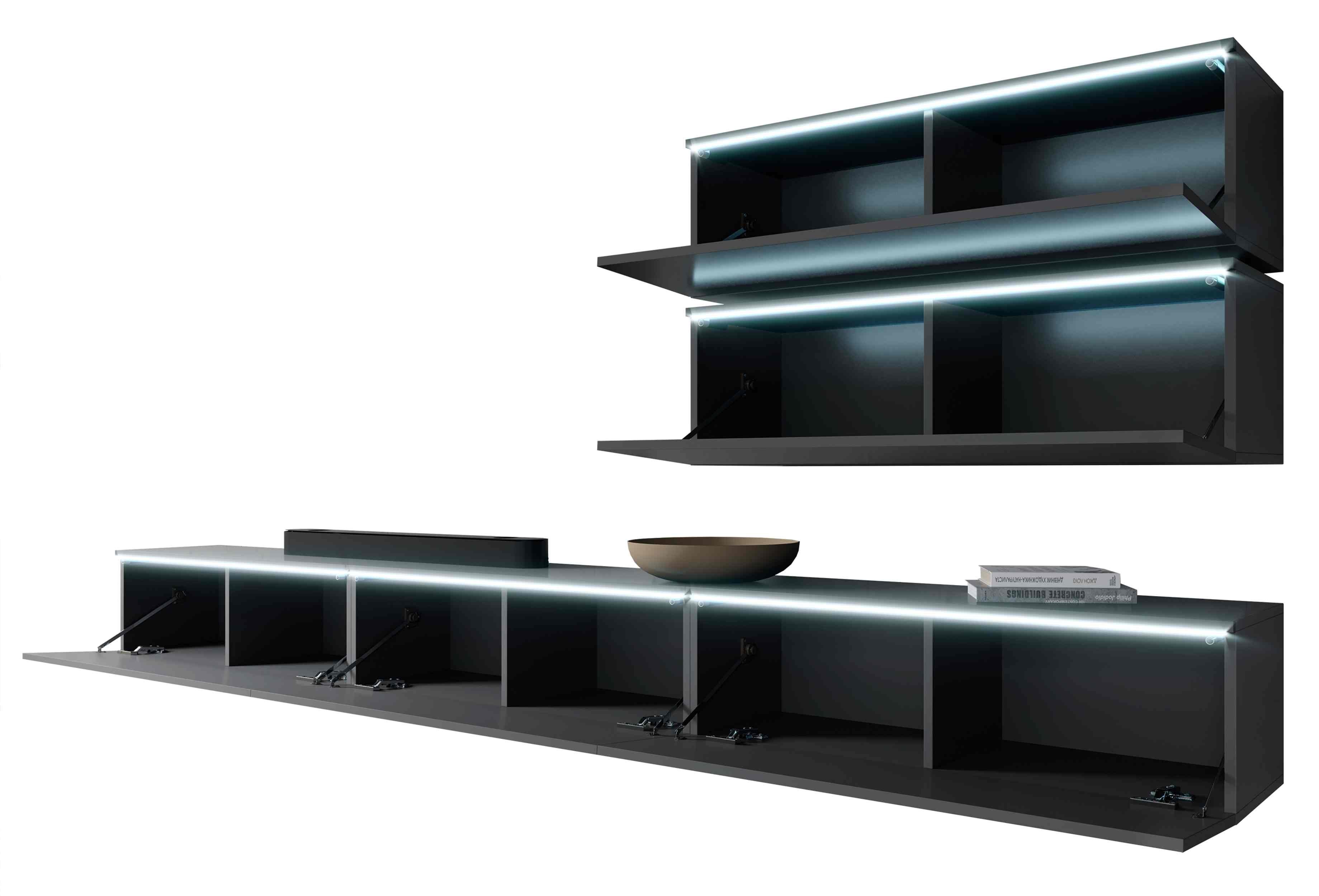 TV-Schrank Furnix Möbelwand 300 Regal, Mediawand 3x ohne cm viel LED mit Anthrazit BARGO 2x Breite Stauraum, V