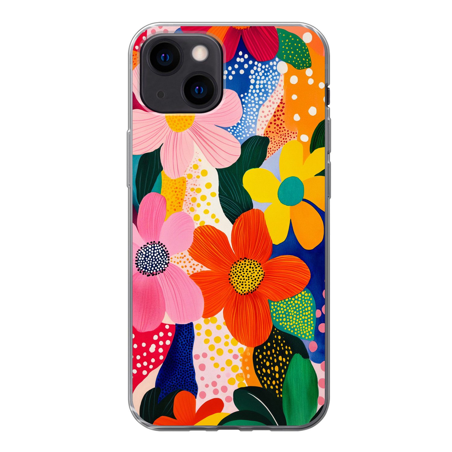 MuchoWow Handyhülle für Apple iPhone 13 mini Blumen - Bunt - Tupfen, Smartphone-Bumper, Print, Handy Schutzhülle Dünn