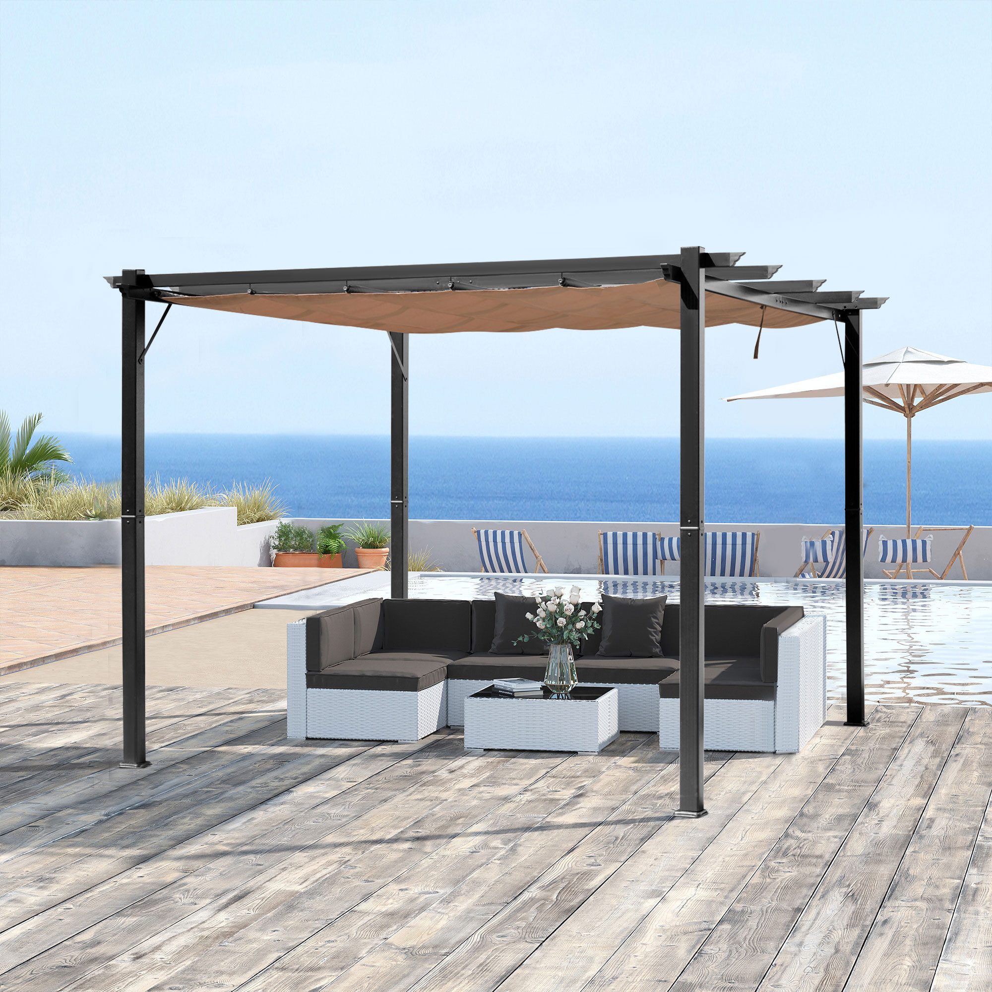 Outsunny Pergola Terrassen-Vordach mit einstellbarem Stoffdach Sonnenschutz Grau, BxTxH: 300x400x223 cm, (Pavillon, 1-tlg., Pergola), für Garten, Balkon, Braun