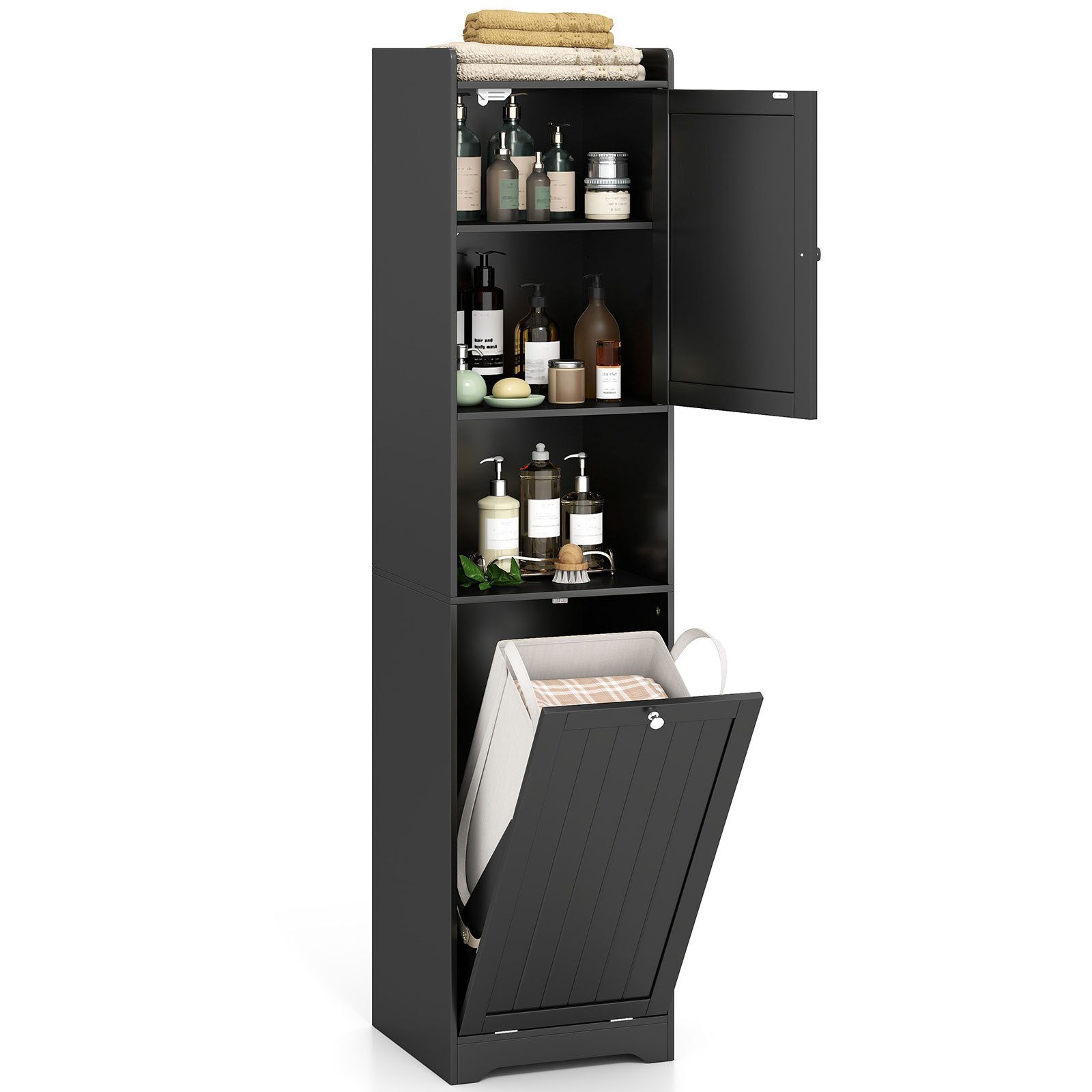 KOMFOTTEU Hochschrank Badezimmerschrank mit Wäschekorb & verstellbares Rega günstig online kaufen