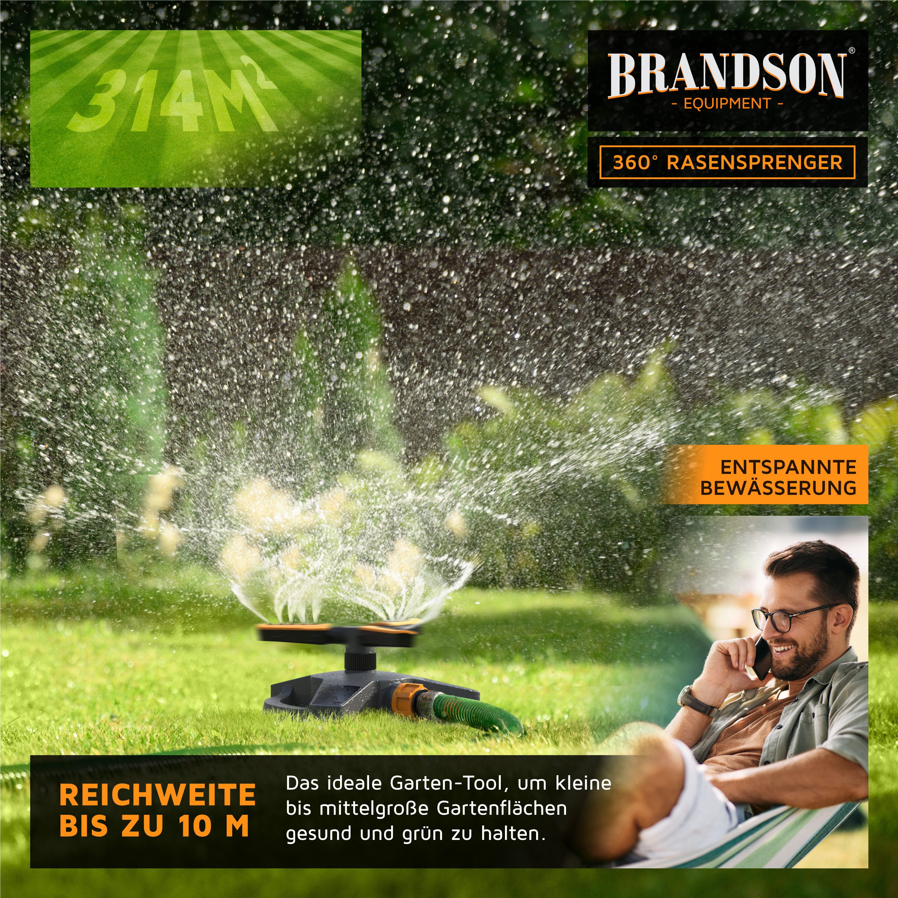 Brandson Kreisregner Garten Sprinkler, 360° Rasensprenger, 3 Arm Rasensprinkler rotierend, für Flächen bis 314 m², (1-St), 60°-90° verstellbar, 8-10 m Reichweit – Bild 5 von 5