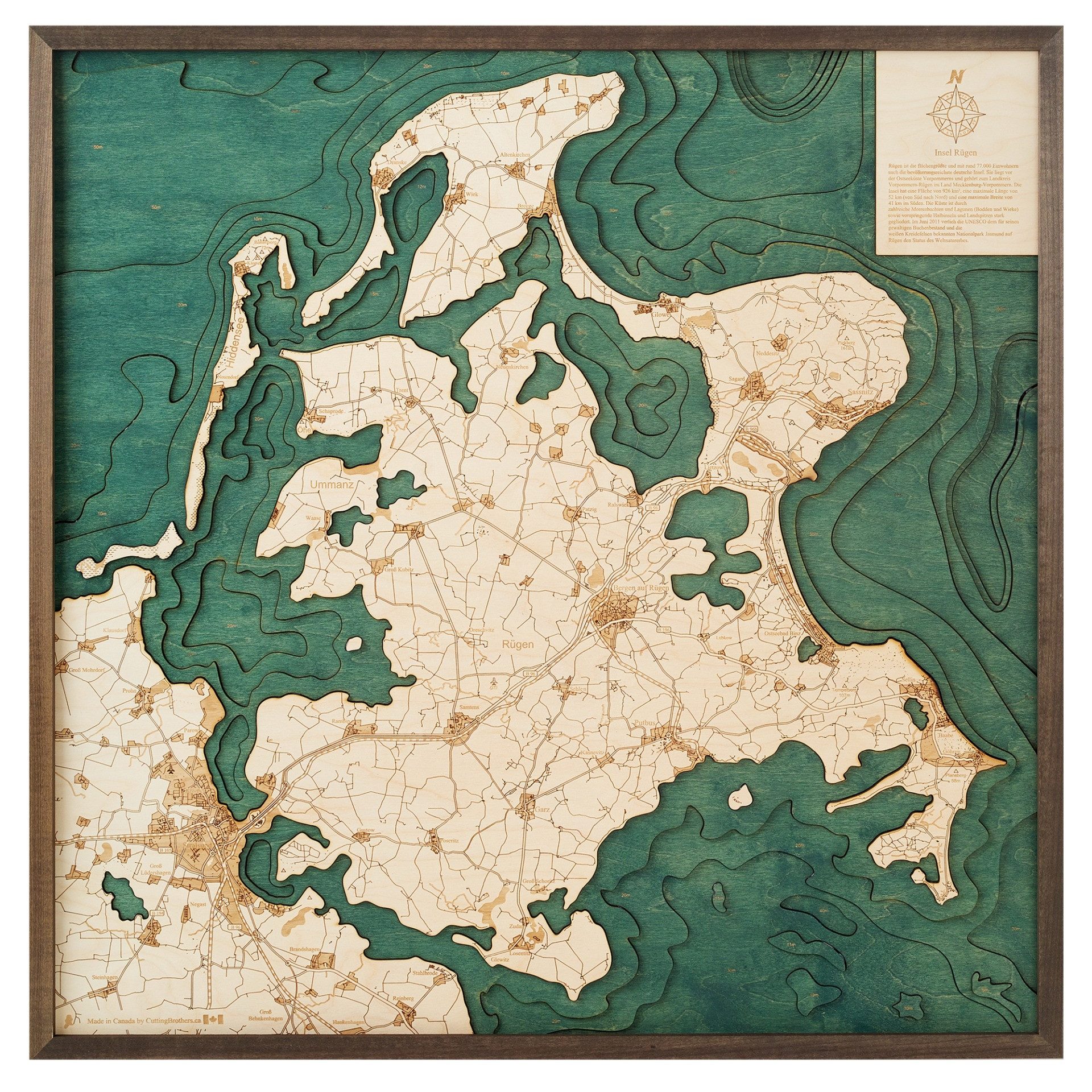 Cutting Brothers Holzbild Rügen 76x76 cm, 3D Holz-Wandkarte, handgefertigt aus Echtholz
