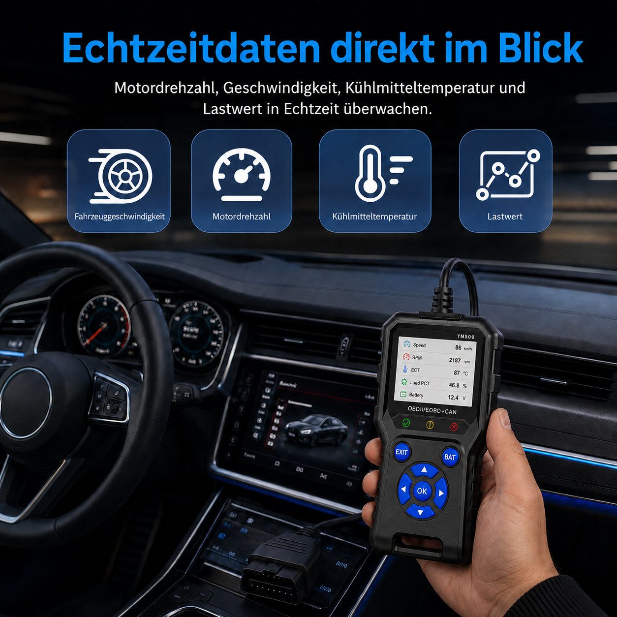 Tekoo OBD2-Diagnosegerät Kfz OBD2 Scanner Diagnosegerät mit 2,8" Farbdisplay für CAN EOBD, Packung, Echtzeit-Batterie-Monitoring, grafische Live-Datenanzeige