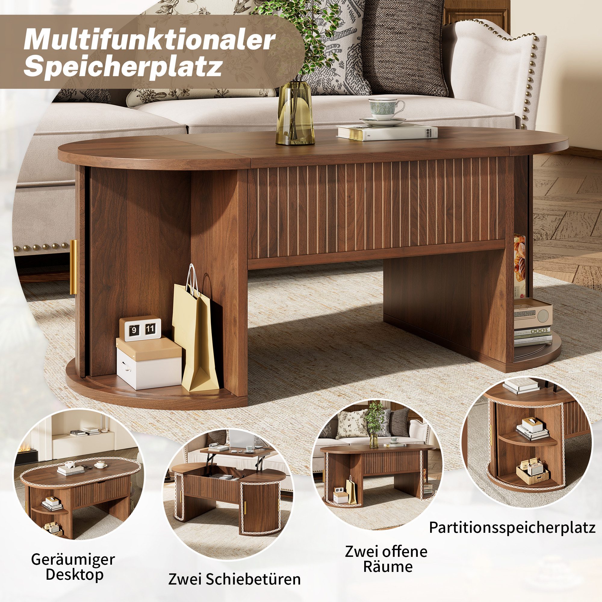 Celya Couchtisch Höhenverstellbarer mit versteckter Stauraum (mit 2 Schiebetüren, Ideal für kleine Wohnungen und Homeoffices), Geeignet für Wohnzimmer – Bild 3 von 5