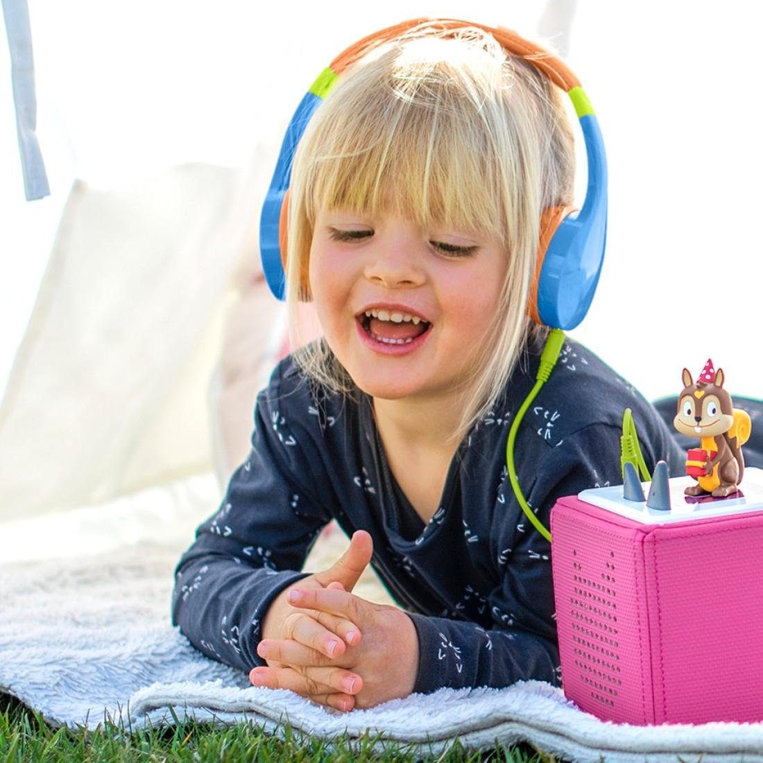Kinder-Kopfhörer Größenverstellbar, On robust, Siri Integriertes Kinderkopfhörer Ear, Mikrofon, (Sprachsteuerung, und Lautstärkebegrenzung, Hama flexibel, Google blau-orange Assistant) stabil