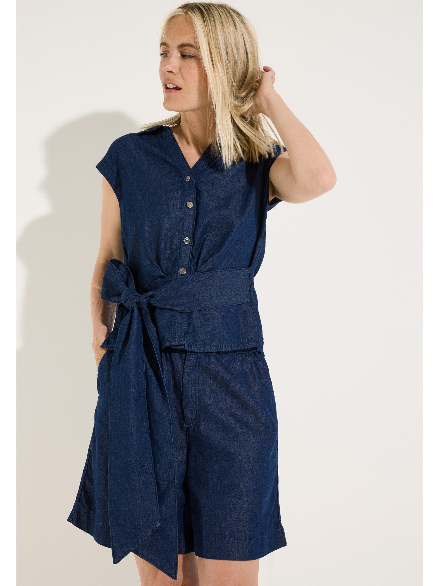 MORE&MORE Kurzarmbluse trendy Denimbluse, Schleife