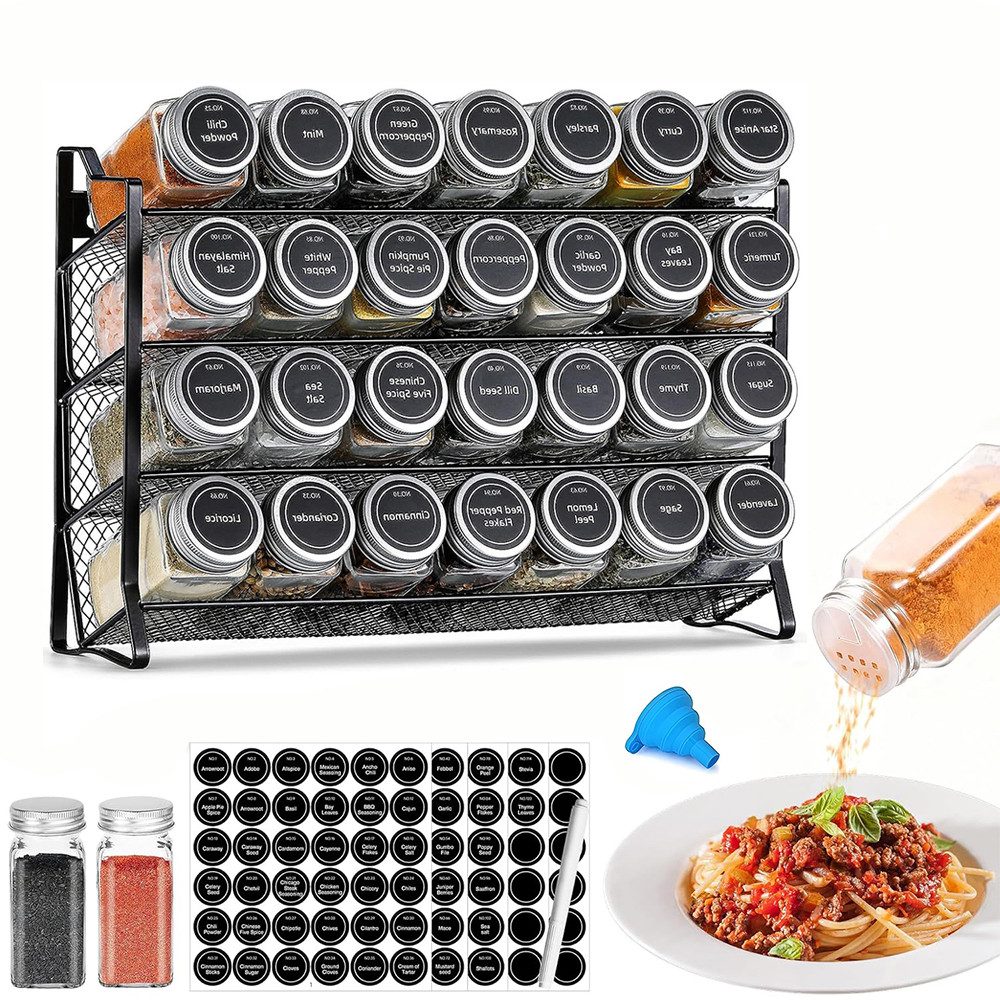 TUWENA Gewürzregal Generisch Gewürzregal Stehend & Wand Gewürz Organizer Küchen Organizer, mit 28 Gewürzgläser & 180 Gewürzetiketten & Trichter-Komplettse