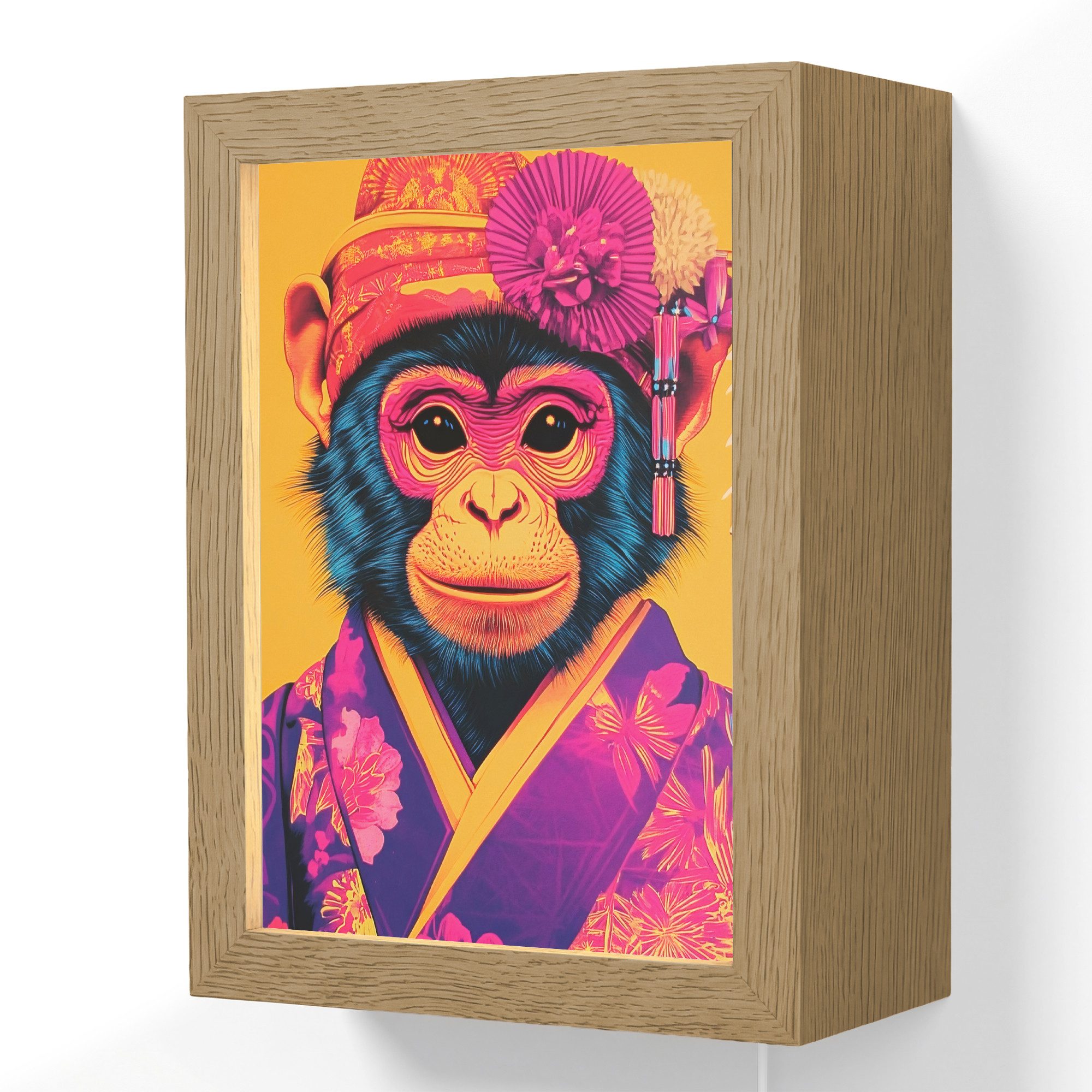 OnlyWow Wandleuchte Lightbox Affe - Kimono - Blumen - Kopfschmuck, Dimmbar, Farbwechsel, LED, Warmweiß, Kaltweiß, Neutralweiß Einstellbar, Wandlampe Innen, Dimmbar, mit Kabel, LED, Beleuchtung, Wohnzimmer
