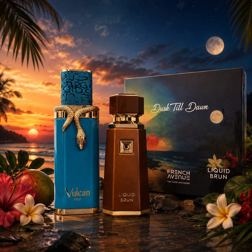 Fragrance World Duft-Set Dusk Till Dawn Vulcan Feu & Liquid Brun + Parfümzerstäuber (leer) Set