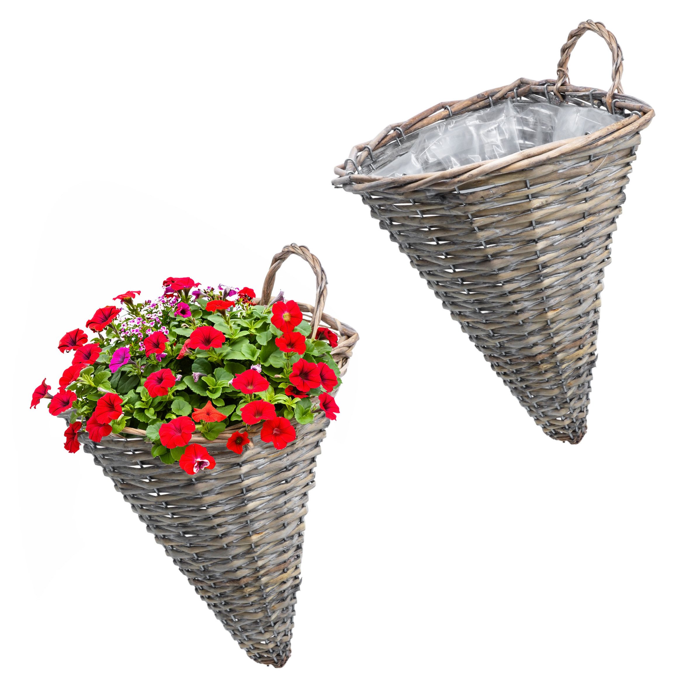 Spetebo Blumenampel Pflanzkorb zum Hängen halbrund für Innen und Außen (Set, 2 St., natur), Rattan Blumenampel mit eingearbeiteter Folie zum direkten Bepflanzen