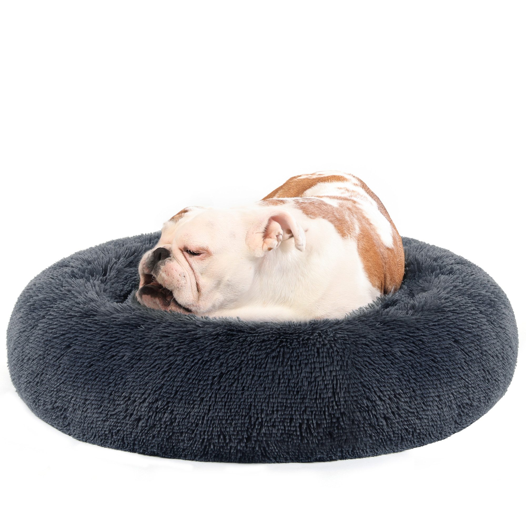 FEANDREA Hundebett flauschig, Katzenbett, Donut Kissen, waschbar, 80 cm Durchmesser, Polsterung in der Mitte herausnehmbar, flauschig