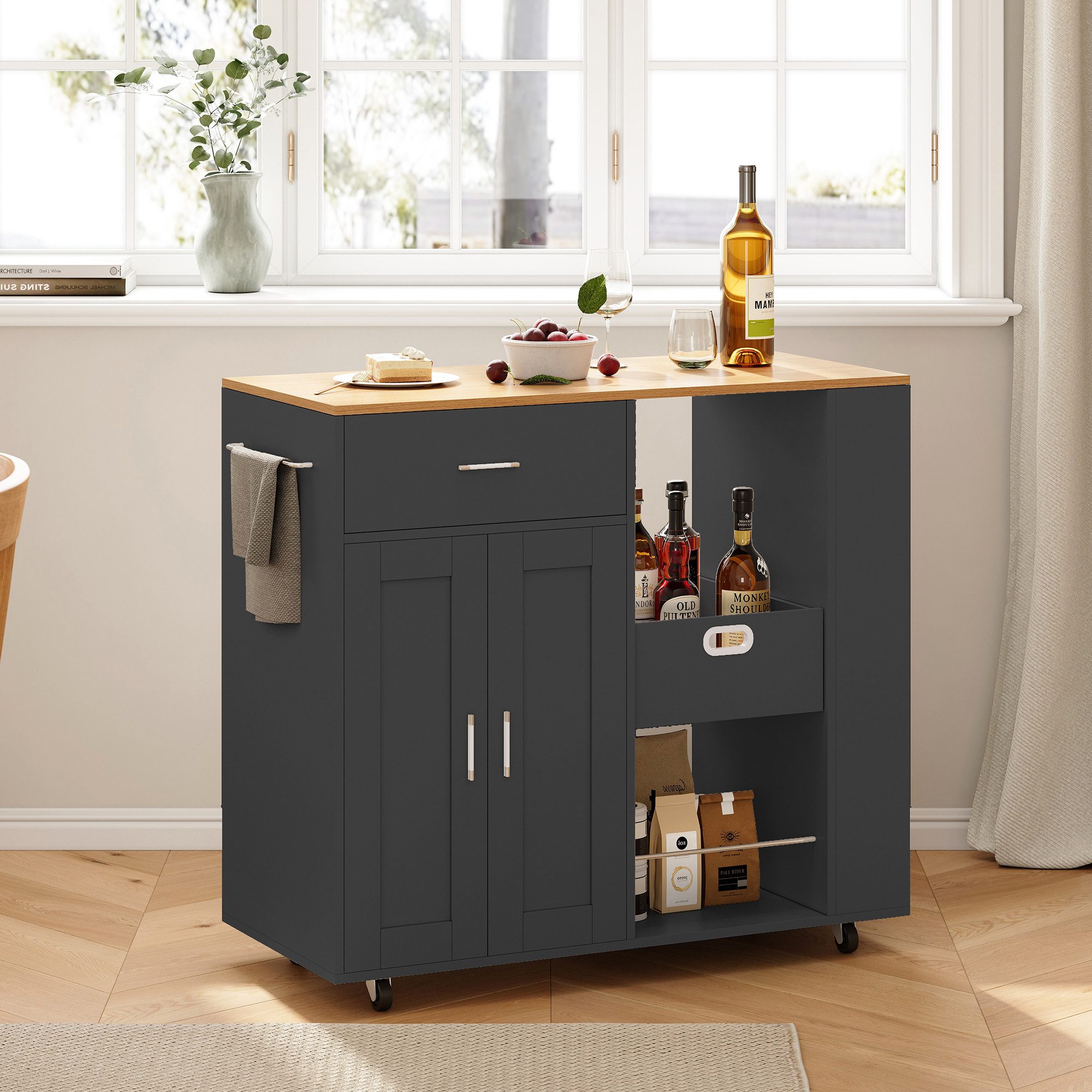 FUROKOY Kücheninsel Küchenwagen auf Rollen, Holz Bewegliche Kücheninsel, (mit Schubladen, Regale, Aufbewahrungsboxen und ein Gewürzregal), für Küche und Esszimmer, 102 x 46 x 92 cm, Schwarz