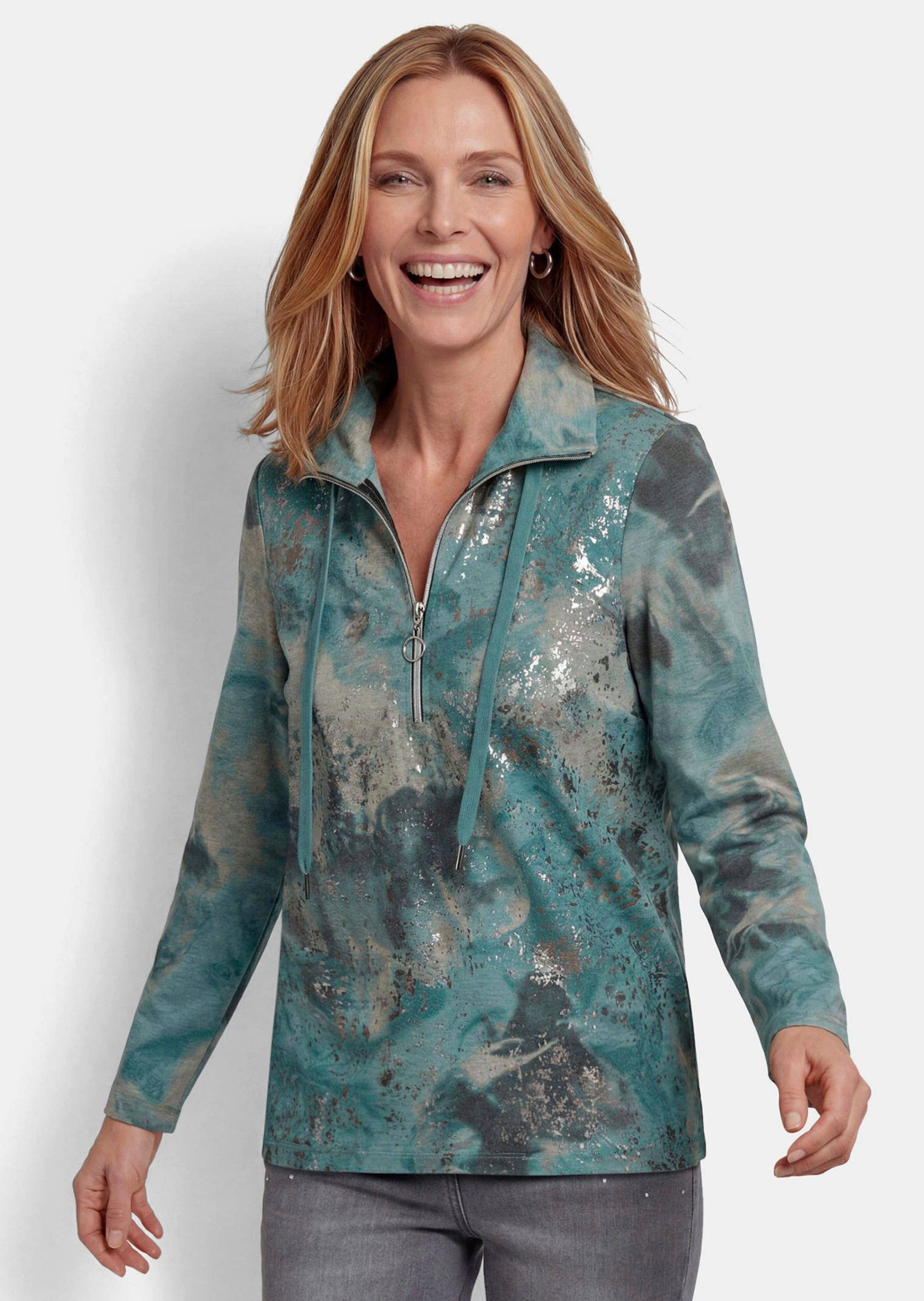 GOLDNER Sweatshirt Troyer mit glänzendem Print Sweatpullover mit Langarm, Kordeln und Reißverschlusskragen