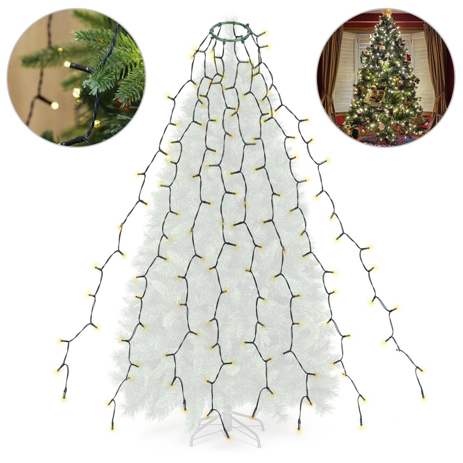 Salcar LED-Lichterkette LED Lichterkette Weihnachtsbaum mit Ring weihnachtsbaumbeleuchtung, Wasserdicht/ 9 Modi/ 2m 8 Girlanden für 150cm - 240cm Tannenbaum