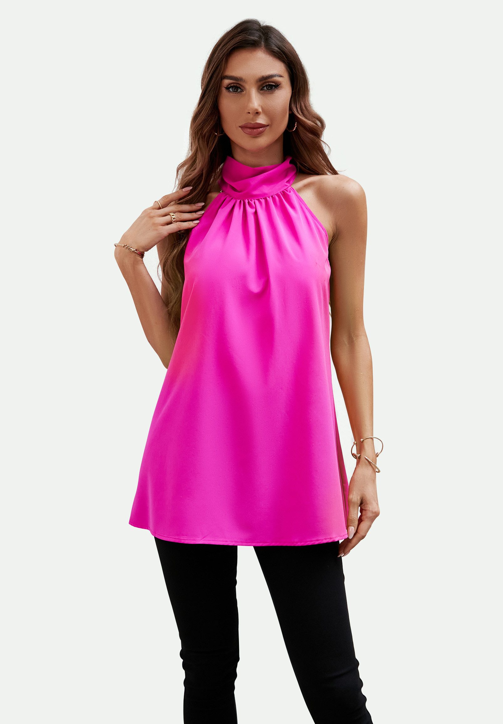 FS Collection Neckholdertop Damen Ärmelloses Neckholder-Top mit Bindeband am Rücken (S (UK 8–10 / EU 36–38) - M (UK 12 / EU 40) - L (UK 14 / EU 42) - XL (UK 16 / EU 44), 8 Farben: Schwarz, Waldgrün,LeafGreen, LeoBraun, LeoBeige, AzurBlau) leicht, weich, fließend und pflegeleicht