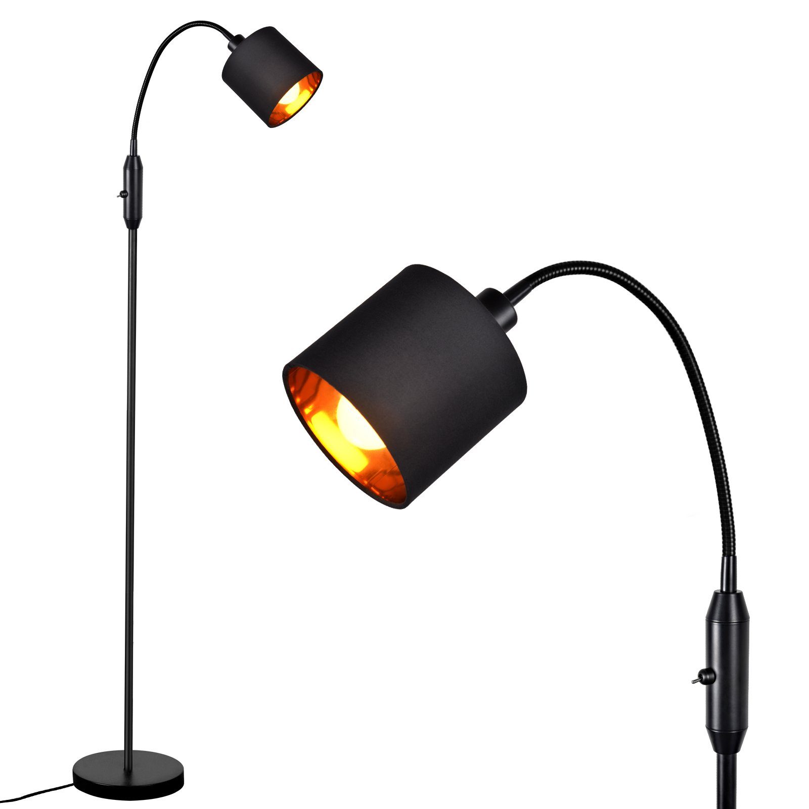 Stofflampenschirm Stoff Stehlampe Bogen integriert, Wohnzimmer Vintage fest ZMH Schwarz E14, Stehleuchte LED Metallsockel, 360°, LED