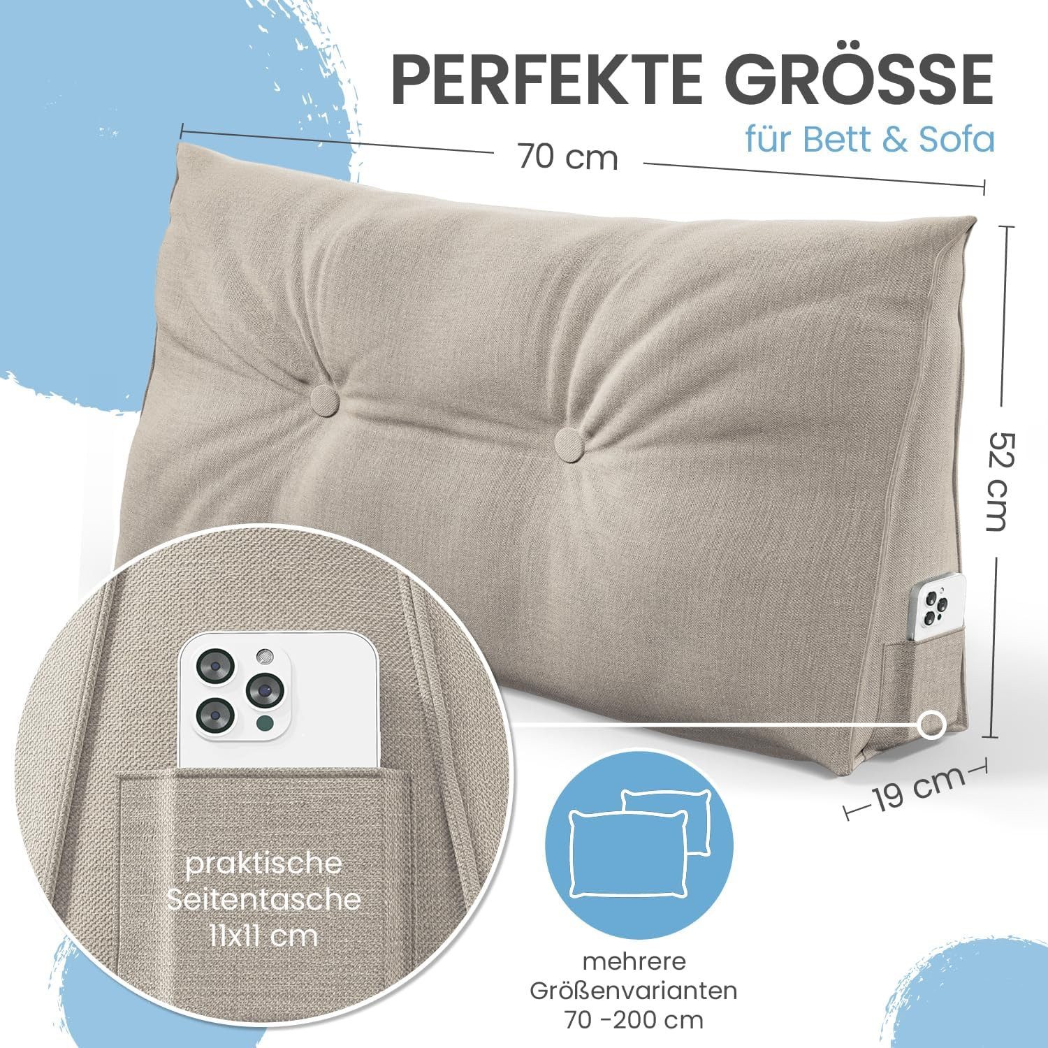 ELONEO Rückenkissen Keilkissen für Bett und Sofa, Lesekissen mit praktischem Seitenfach, 1-tlg., mit praktischem Seitenfach, Lesekissen, mit waschbarem Bezug