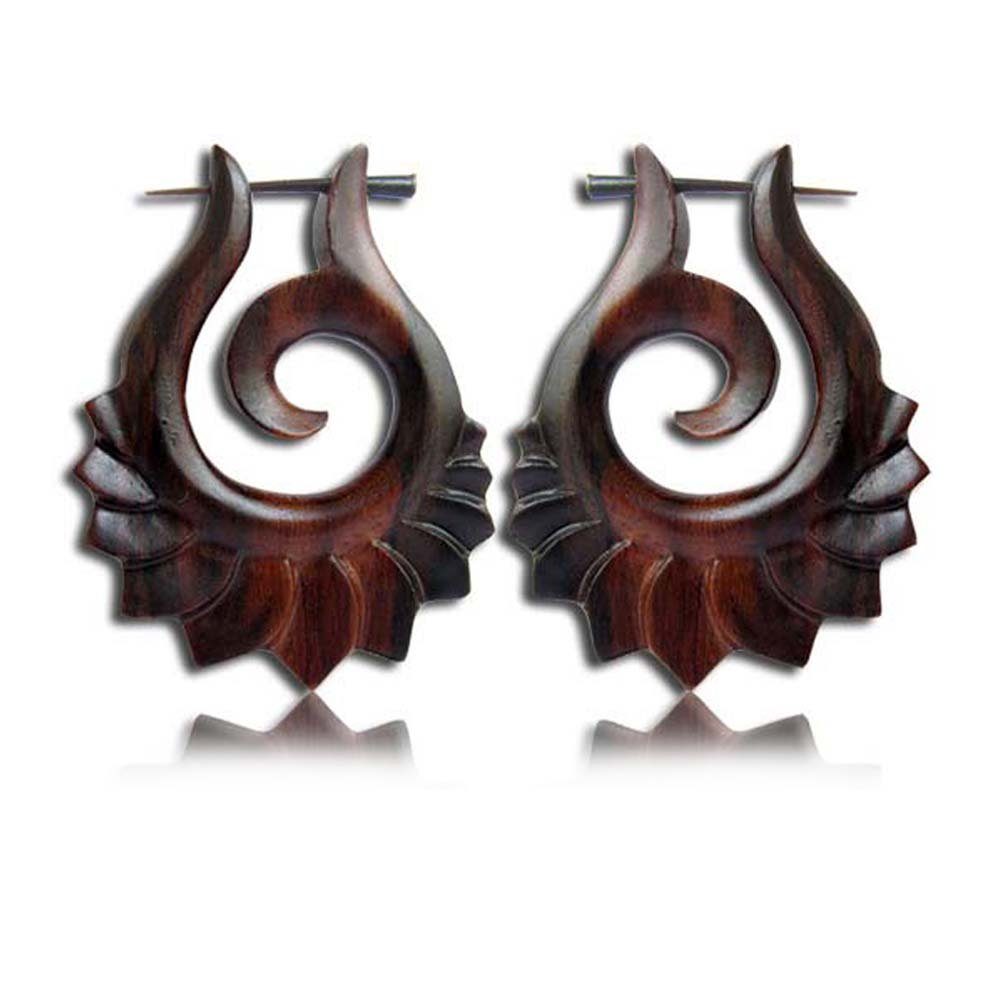viva-adorno Paar Ohrhänger Holz Серьги geschnitzt Creolen Pin Ohr Piercing Ehtno Tribal, Pinohrringe Blüten Blätter (C)