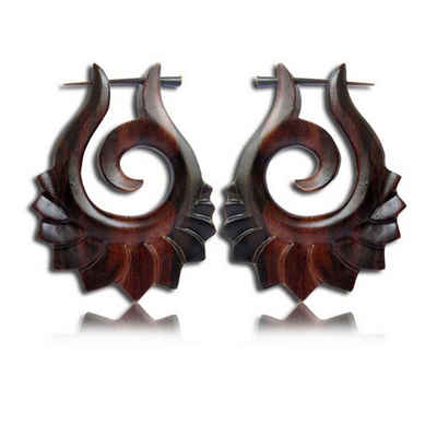viva-adorno Paar Ohrhänger Holz Ohrringe geschnitzt Creolen Pin Ohr Piercing Ehtno Tribal, Pinohrringe Blüten Blätter (C)
