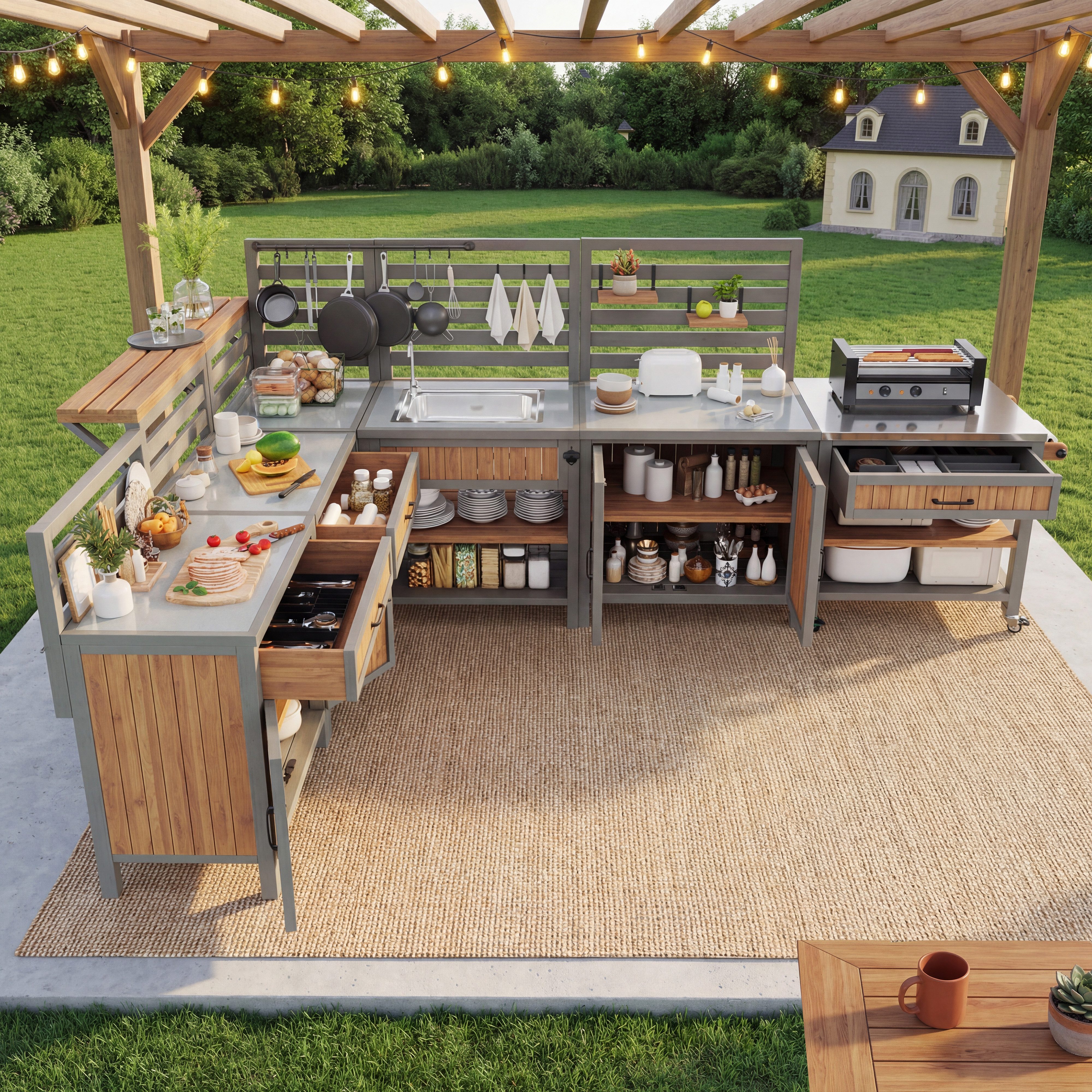 HAUSS SPOLE Servierwagen beweglich mit Edelstahl-Arbeitsplatte,Grillstation mit Wasserbecken, Beweglicher Sideboard integriertem Flaschenöffner