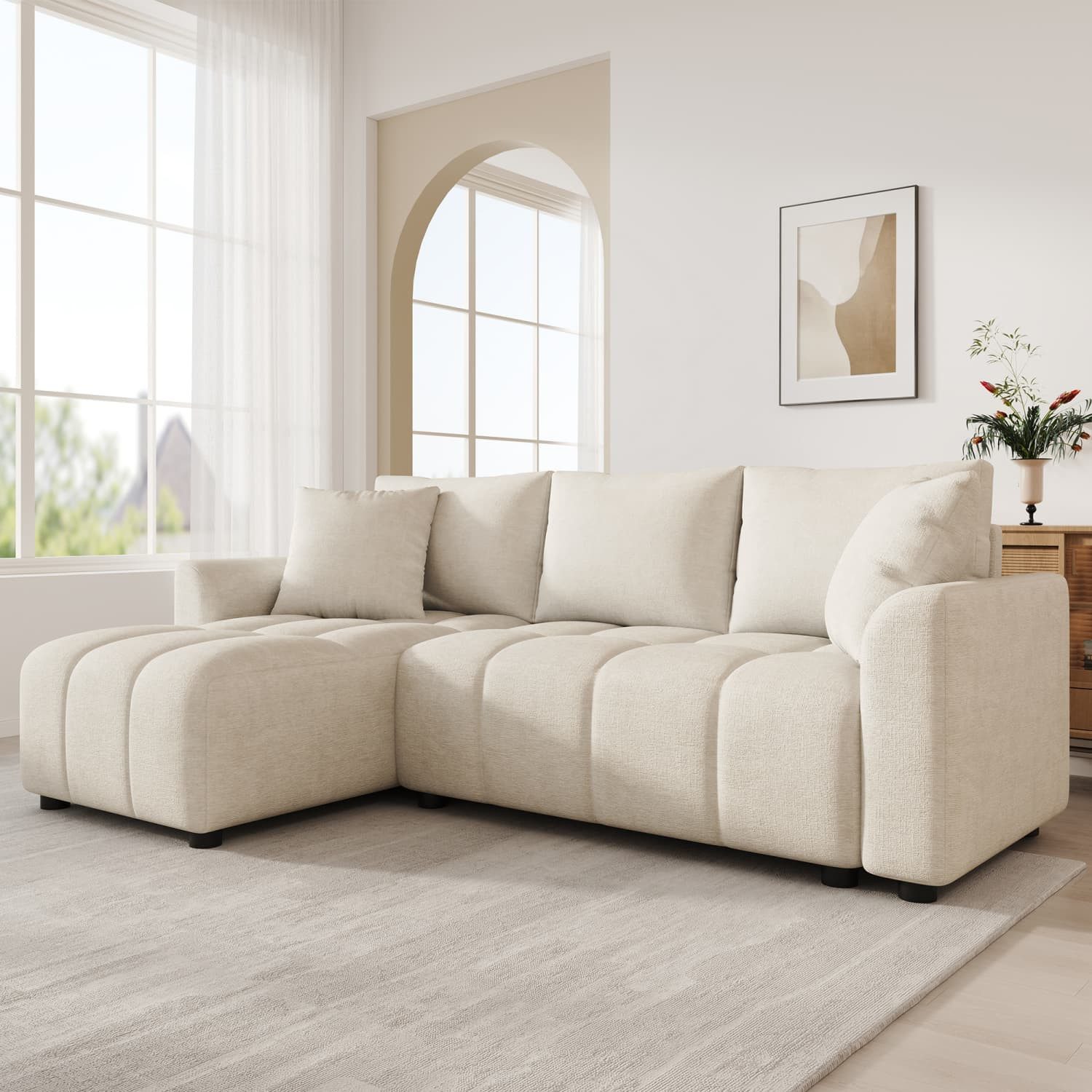 autolock Ecksofa 3-Sitzer Sofa, wandelbares L-förmiges Ecksofa, Chenille Stoff, mit 2 Zierkissen, geeignet für Wohnzimmer und Wohnung