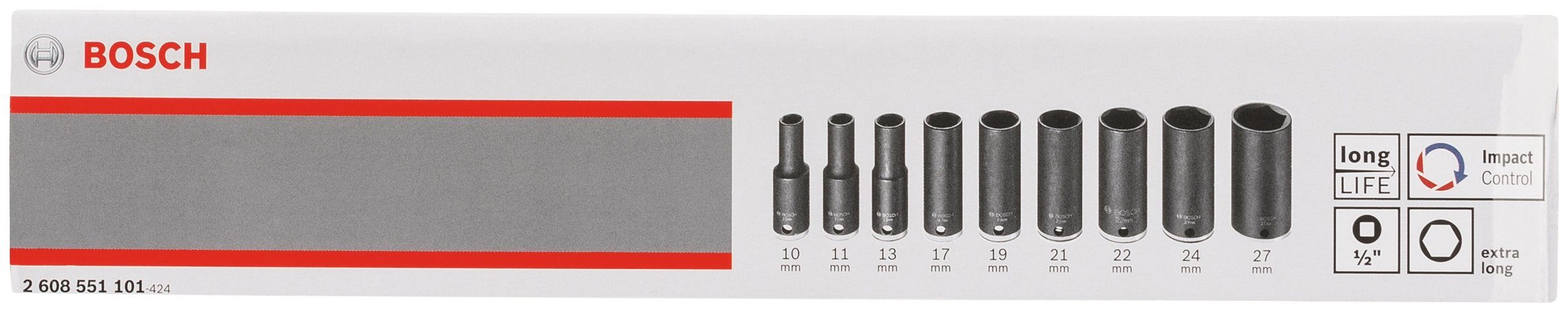 Bosch Professional Stecknüsse Steckschlüsseleinsätze, Set, 9-St., L 77 mm,  SW 10 - SW 27, S2-modifizierter Stahl für besonders große Haltbarkeit und  Höchstleistung