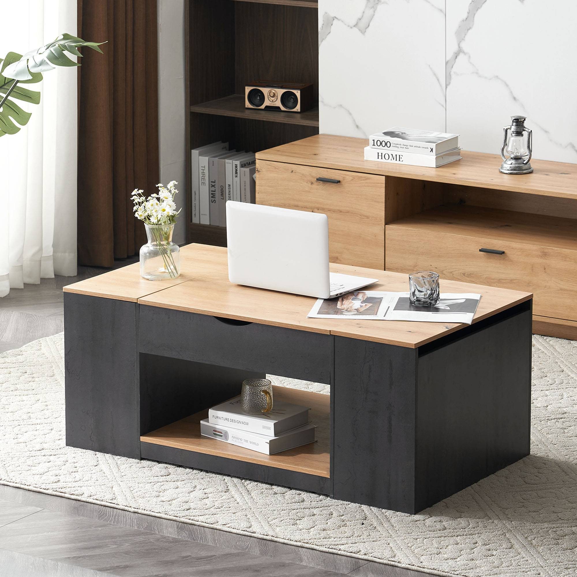 IDEASY Couchtisch mit Liftfunktion - 109.5*59.7*43cm(L*W*H) (graues Gestell, stilvolles Design), Stauraum unter der Tischplatte