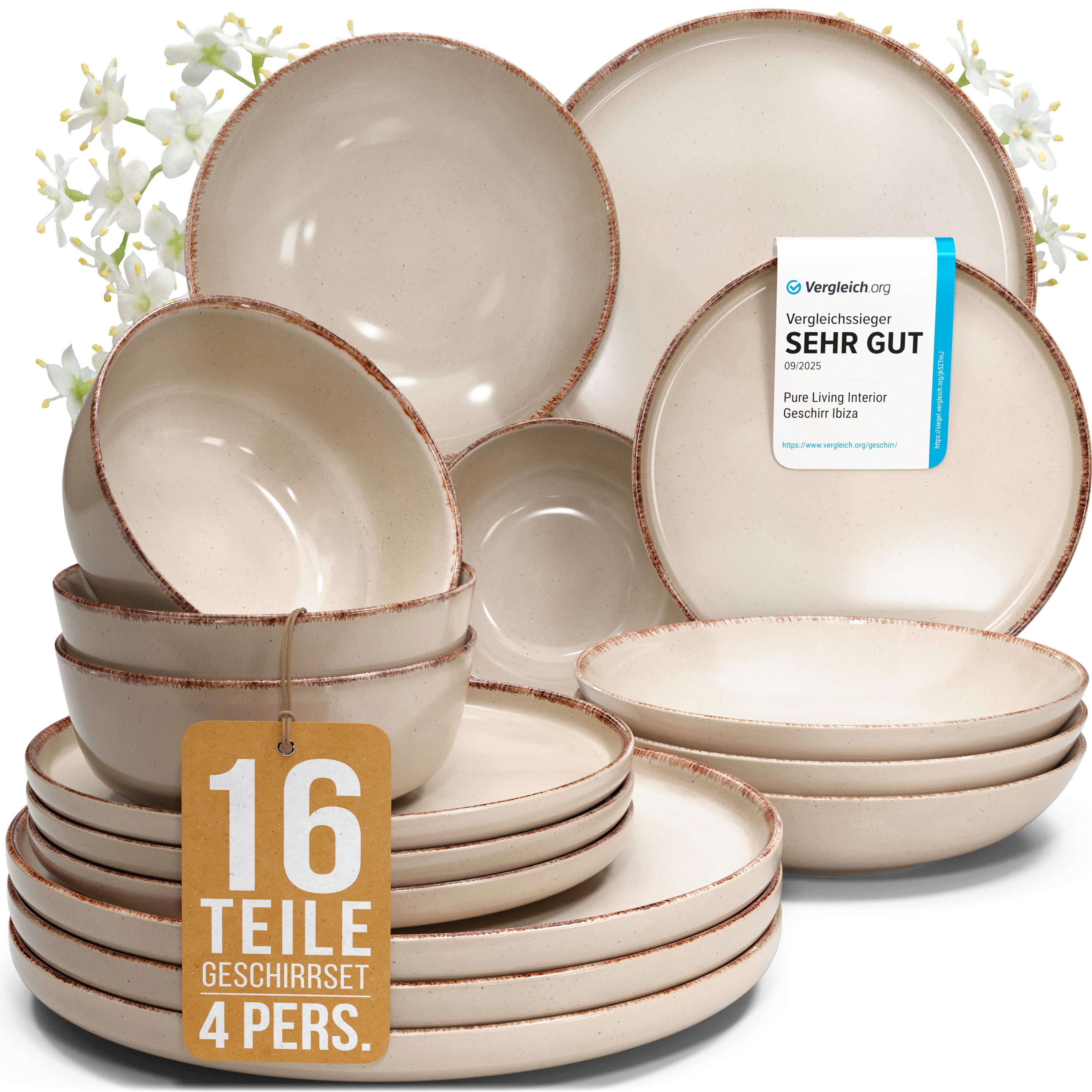 PURE LIVING INTERIOR DESIGN Geschirr-Set Pure Living »Rustic« (16-tlg), 4 Personen, Steingut, Beige, 4 Personen, Steingut, Mediterrane Handwerksoptik, Reaktive Glasur – jedes Stück einzigartig…