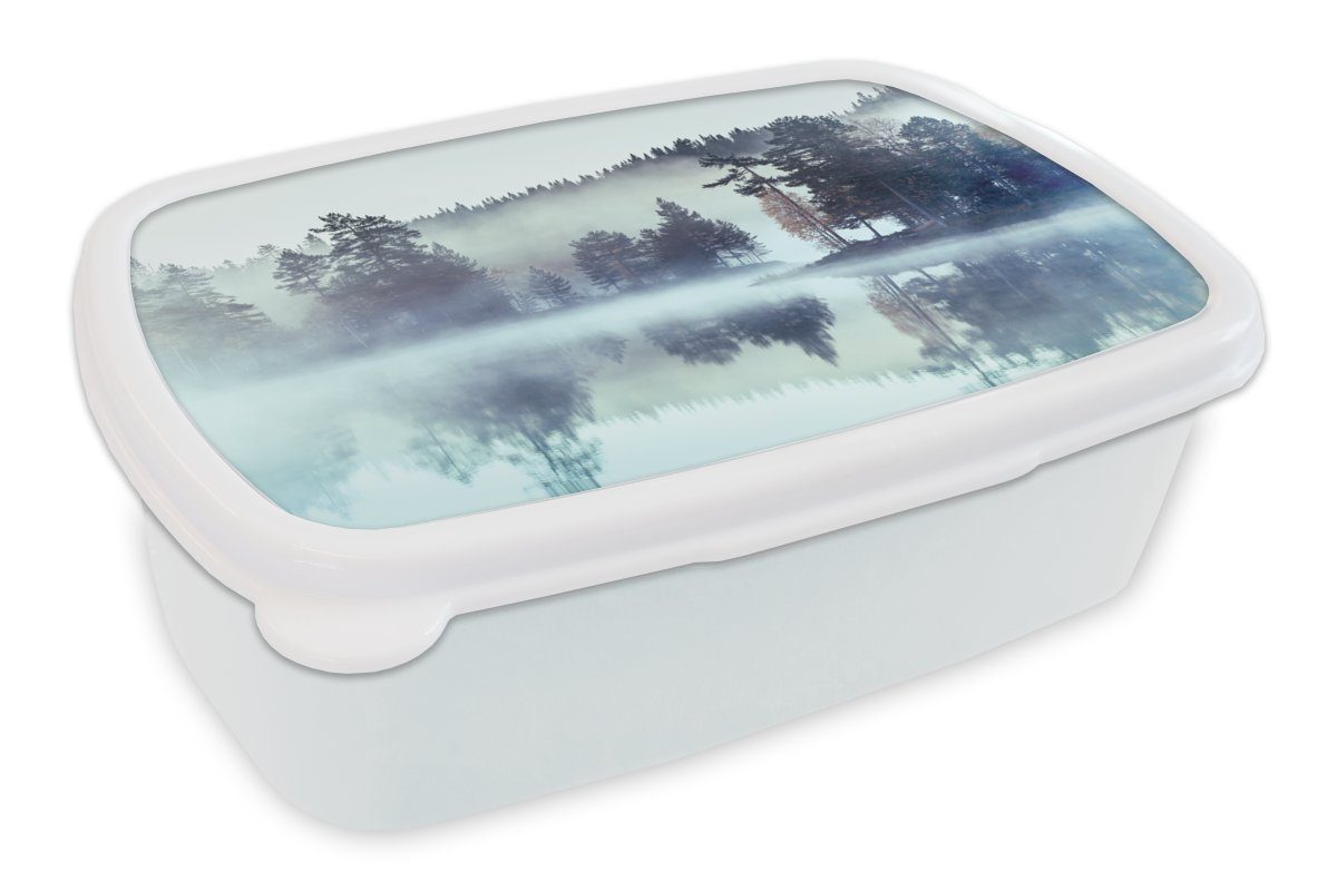 MuchoWow Lunchbox Wald - Nebel - Winter, Kunststoff, (2-tlg), Brotbox für Kinder und Erwachsene, Brotdose, für Jungs und Mädchen weiß