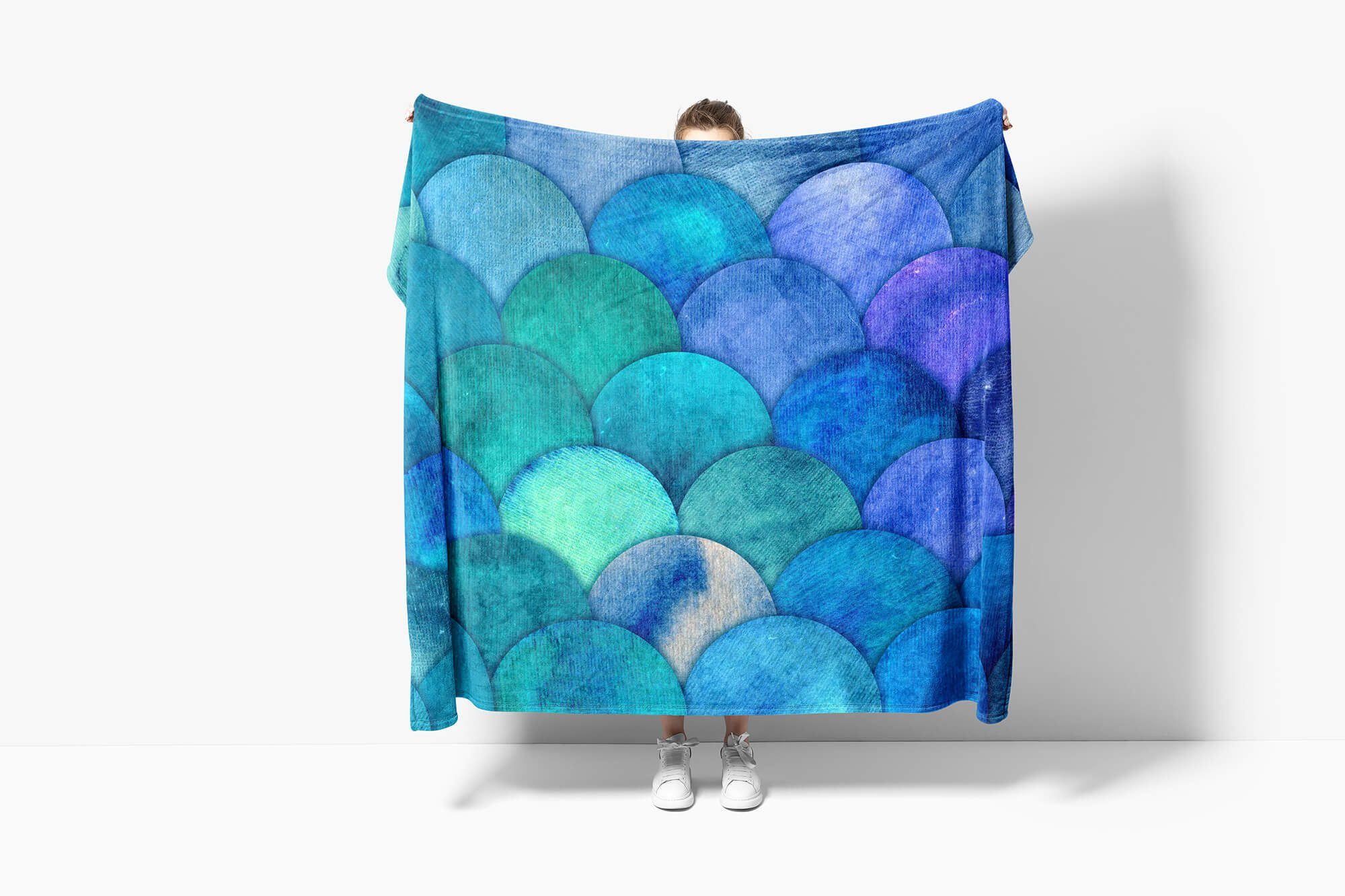 Handtuch Strandhandtuch Sinus Handtücher Fotomotiv Kuscheldecke Schuppenstruk, Art Handtuch Saunatuch mit (1-St), Blau Baumwolle-Polyester-Mix abstrakte