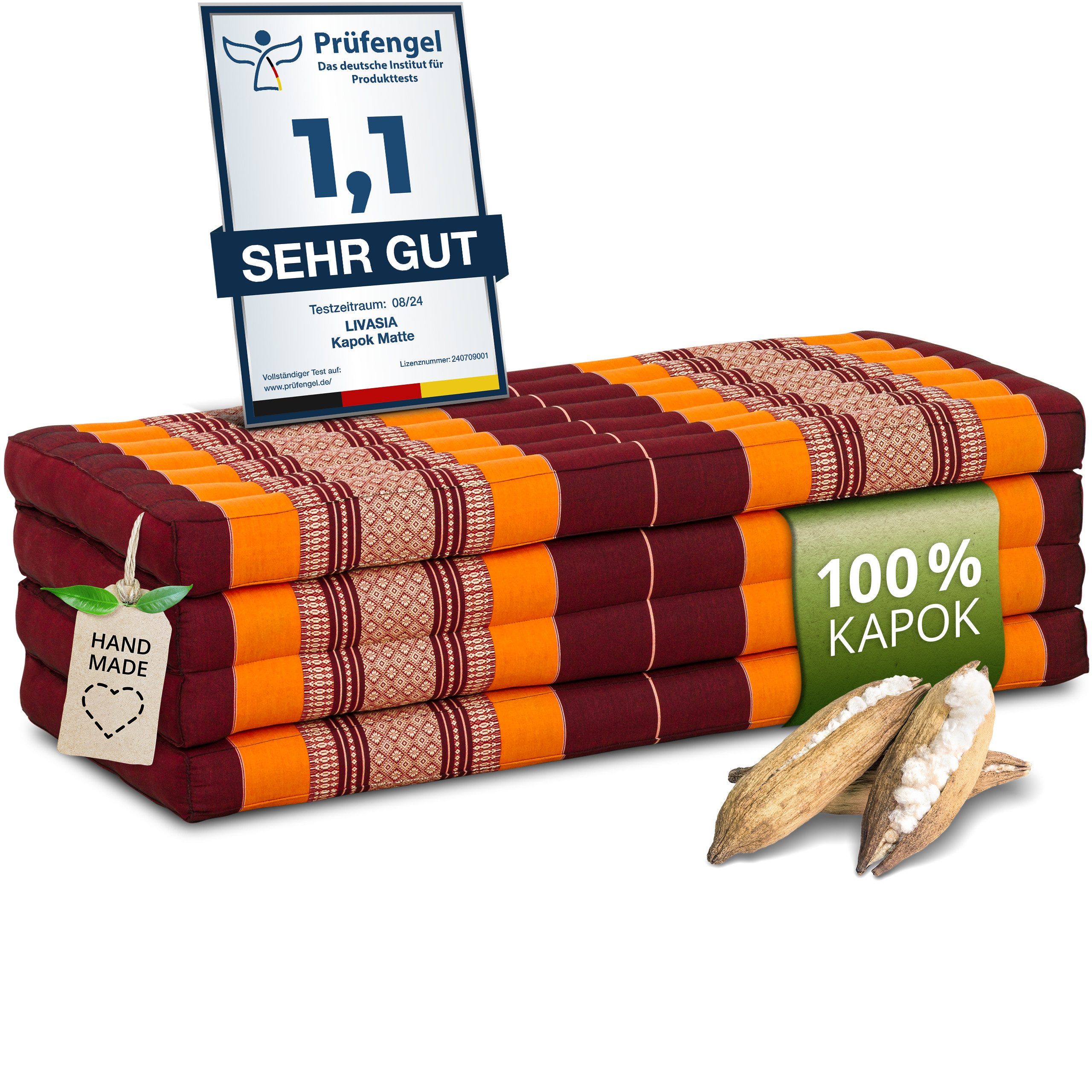 Klappmatratze Faltmatratze 110 cm breit (Classic) - 200x110x8cm -, livasia, 8 cm hoch, Kapok, vegan, handgefertigt