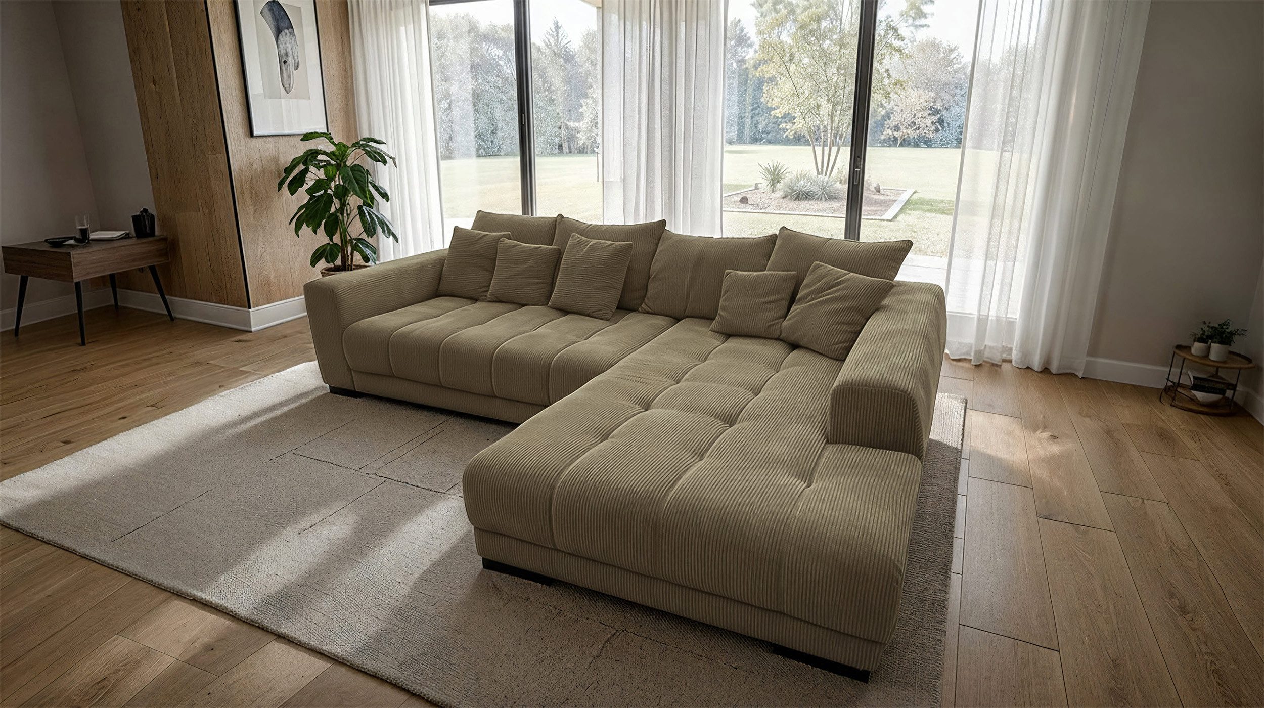 Massivart® Ecksofa Cord 300x215 cm / Nosagfederung / L-Form Cordsofa / ARTEMIS, inkl. Kissen-Set · frei im Raum stellbar