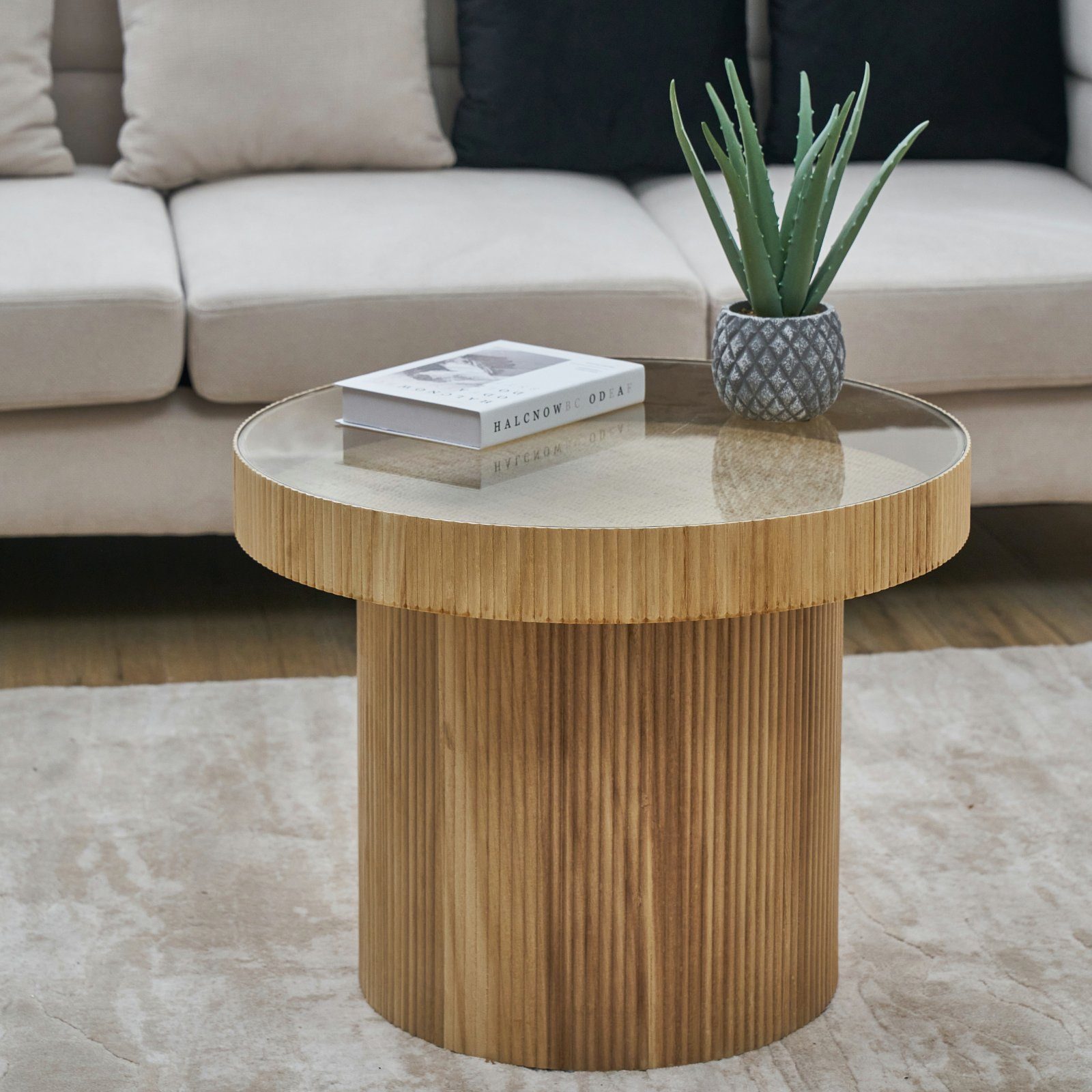SVITA Beistelltisch MIGUEL (1 Tisch), mit Glasplatte, Coffe Table, Beistelltisch rund, Natur