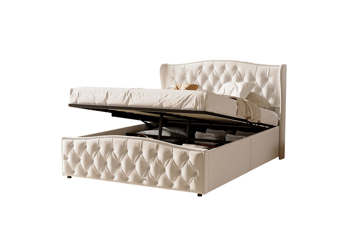 FUROKOY Stauraumbett hydraulischem Polsterbett mit Lattenrost, Doppelbett 140x200cm,mit gepolstertem Kopfteil,Beige,Samt