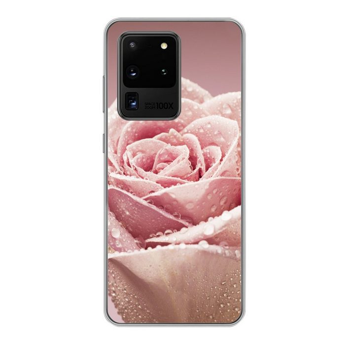 MuchoWow Handyhülle Frühe Tautropfen auf einer rosa Rose Phone Case Handyhülle Samsung Galaxy S20 Ultra Silikon Schutzhülle