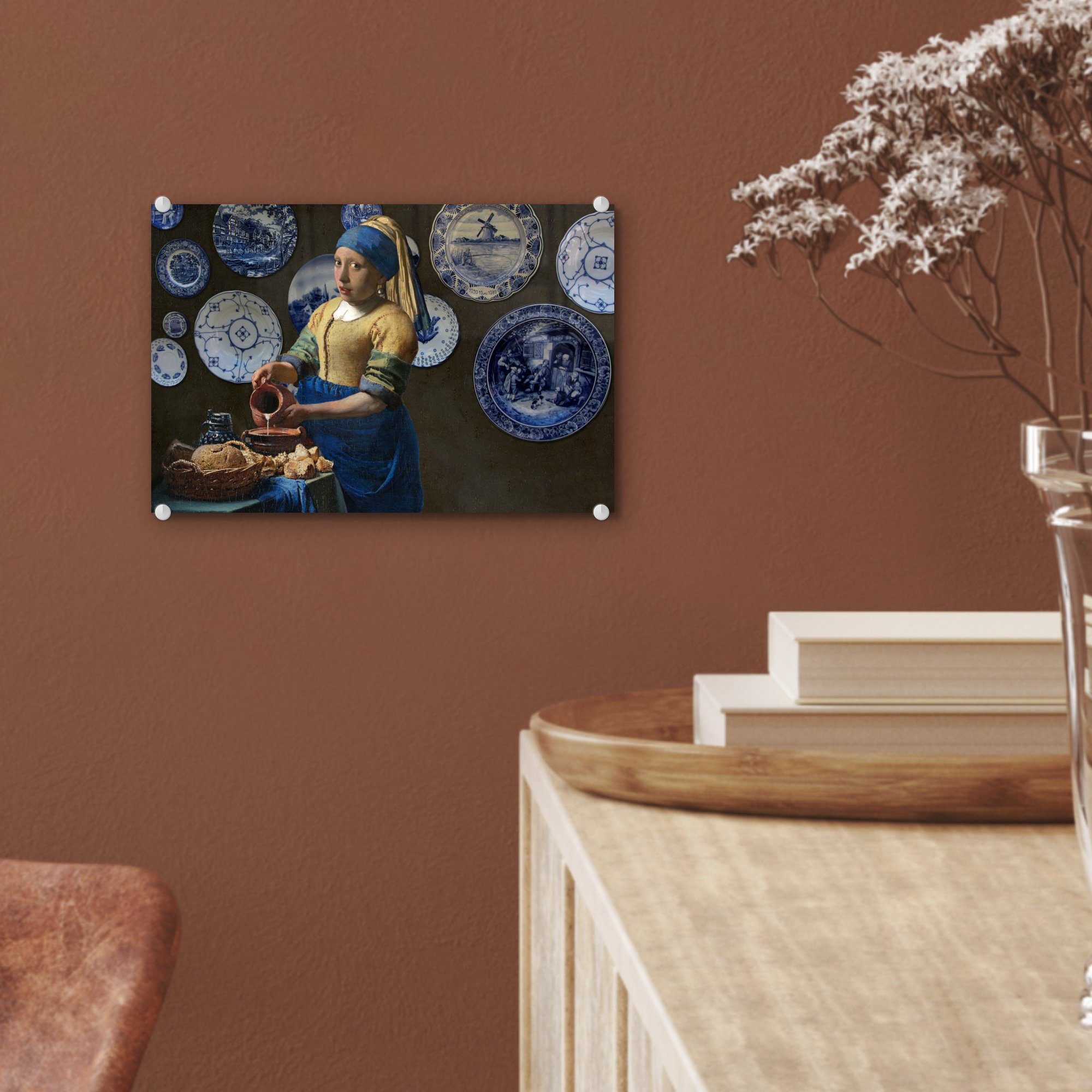 auf Mädchen Bilder auf (1 MuchoWow St), - Wanddekoration Perlenohrring Delfter - - mit Milchmädchen Glasbilder - Blau, Glas Glas - Wandbild Foto Acrylglasbild