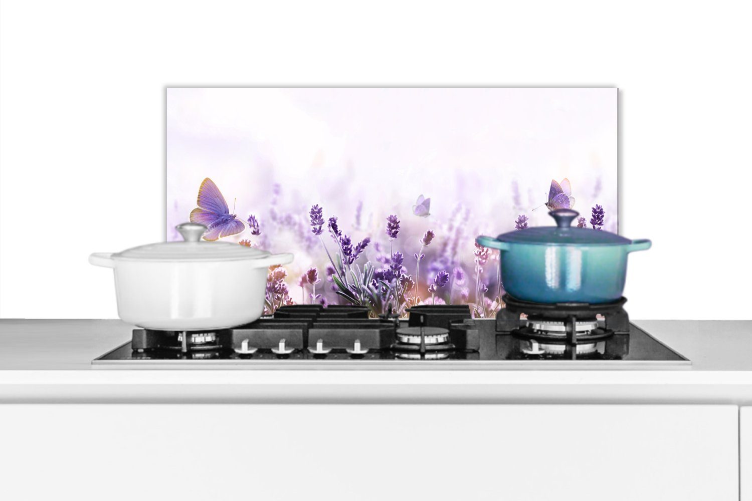MuchoWow Küchenrückwand Lavendel - Schmetterling - Lila - Blumen - Natur, (1-tlg), 60x30 cm, Wandschutz, gegen Fett und Schmutzflecken für Küchen