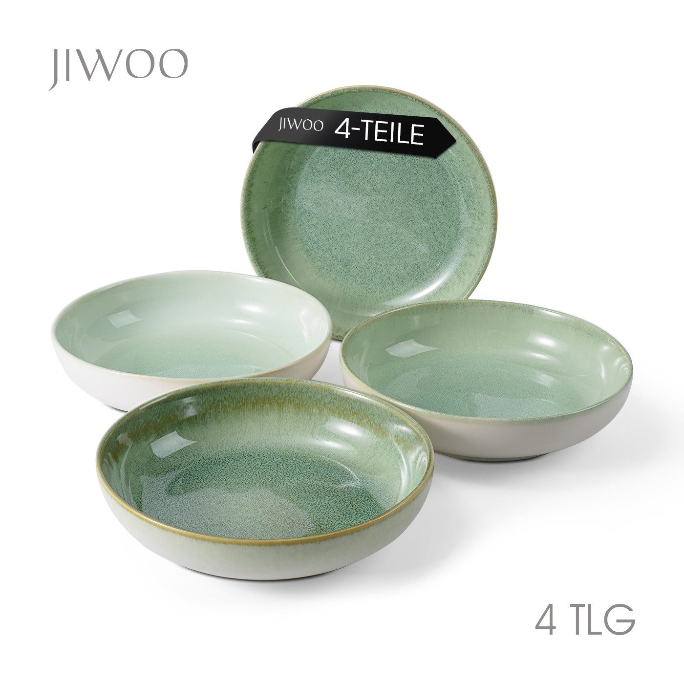 JIWOO Suppenteller 4er Ø21,9cm, Speiseteller Pastateller Salatteller Dessertteller Plate, (4 St), Keramik Hochwertiges Tellerset Grün Mikrowellenofen Spülmaschine
