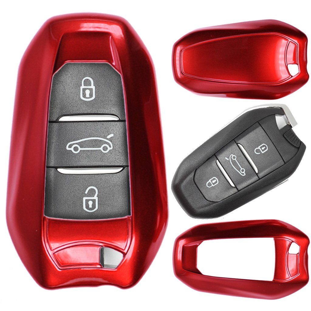 mt-key Schlüsseltasche Autoschlüssel Hardcover Schutzhülle Metallic Rot, für Peugeot 3008 508 308 5008 208 408 KEYLESS SMARTKEY