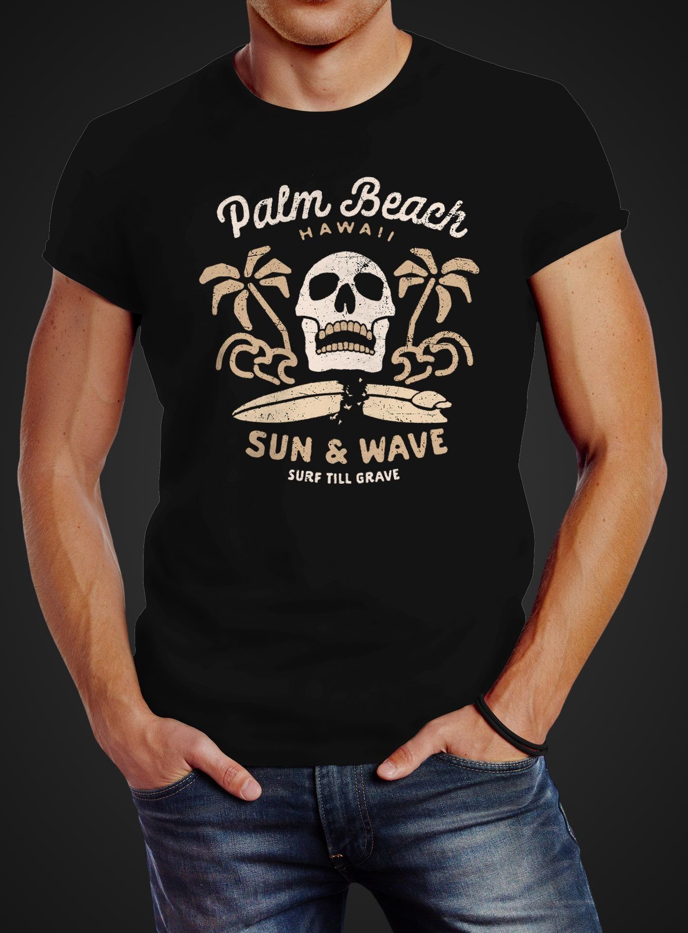 Neverless Print-Shirt Herren mit Beach Surf-Motiv Palm Print T-Shirt Totenkopf Neverless®