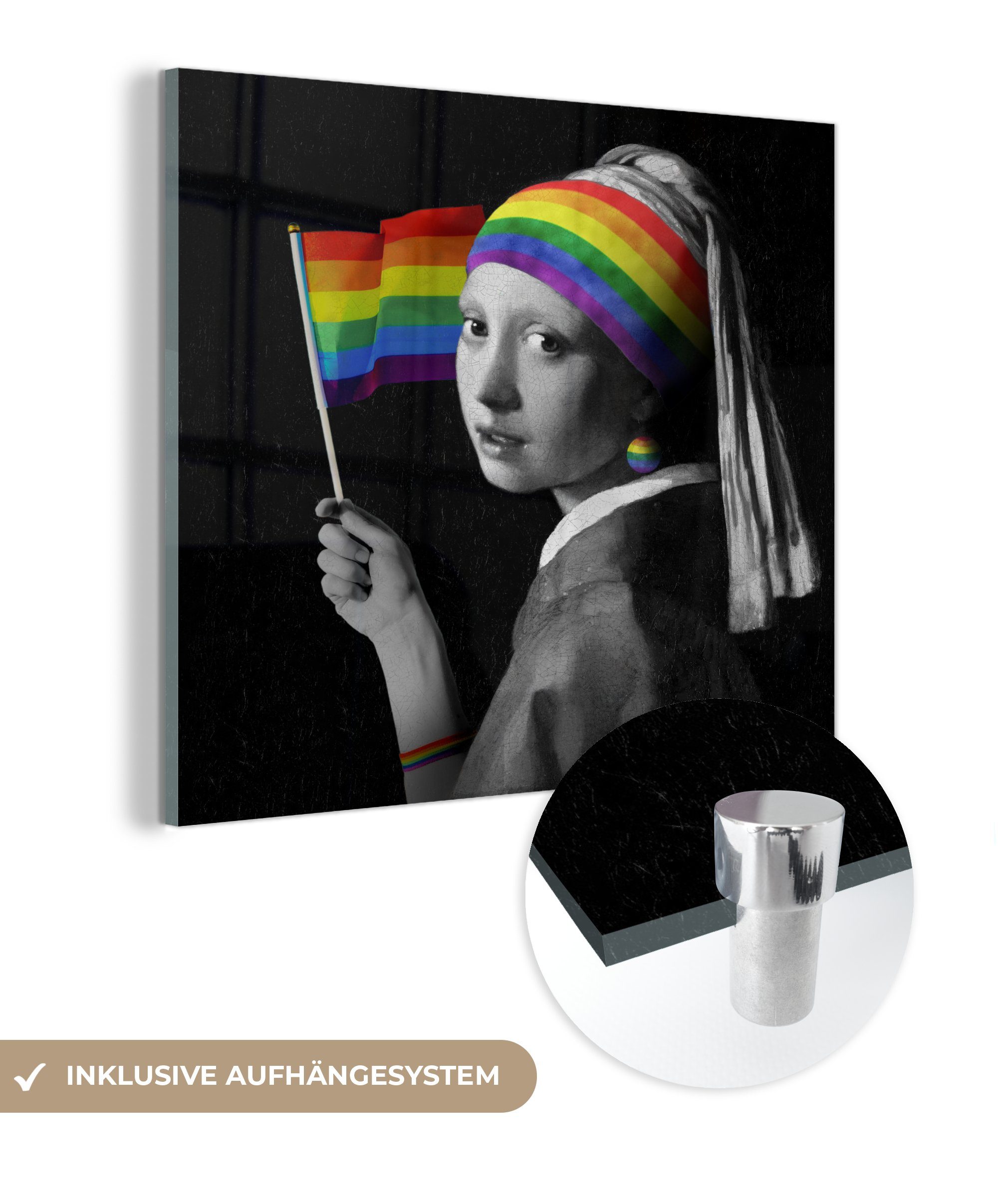 Regenbogen, (1 Glas Glasbilder Acrylglasbild Foto dem auf St), - MuchoWow Das - Wandbild Glas Wanddekoration Bilder auf - mit Perlenohrring - Flag Mädchen - Pride