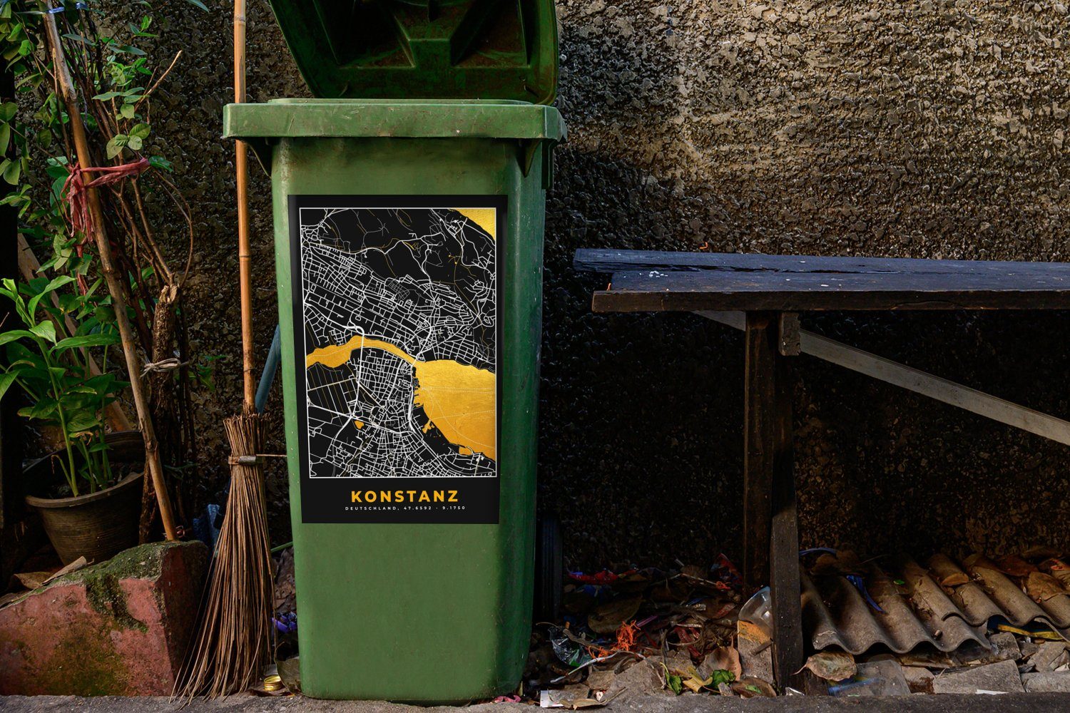 Sticker, Container, - Stadtplan - - Gold Wandsticker MuchoWow Mülltonne, Deutschland Konstanz (1 - Abfalbehälter St), Karte Mülleimer-aufkleber,