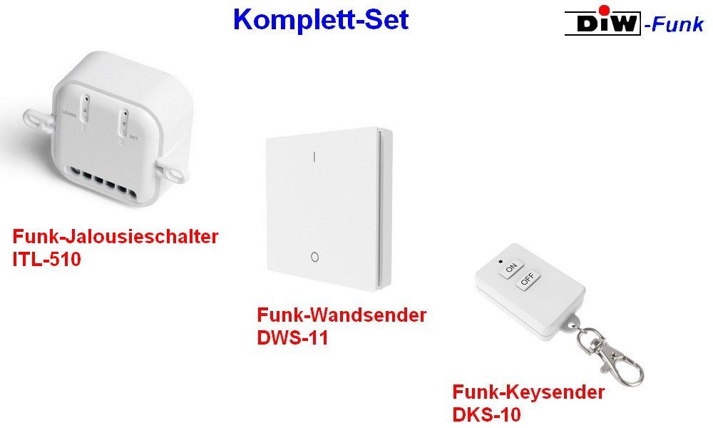 DIW-Funk Funk-Empfangsmodul Intertechno ITL-510 Funk-Jalousieschalter mit DWS-11 + DKS-10, für Rollläden, Jalousien, Markisen, Tore, 1 Schaltkontakte, Sparset, 3-tlg., Funk-Jalousieschalter ITL-510+Funk-Wandsender DWS-11+Key-Sender DKS-10, Funksteuerung, Phasenumkehr, Sicherheitscode, Gruppenschaltung