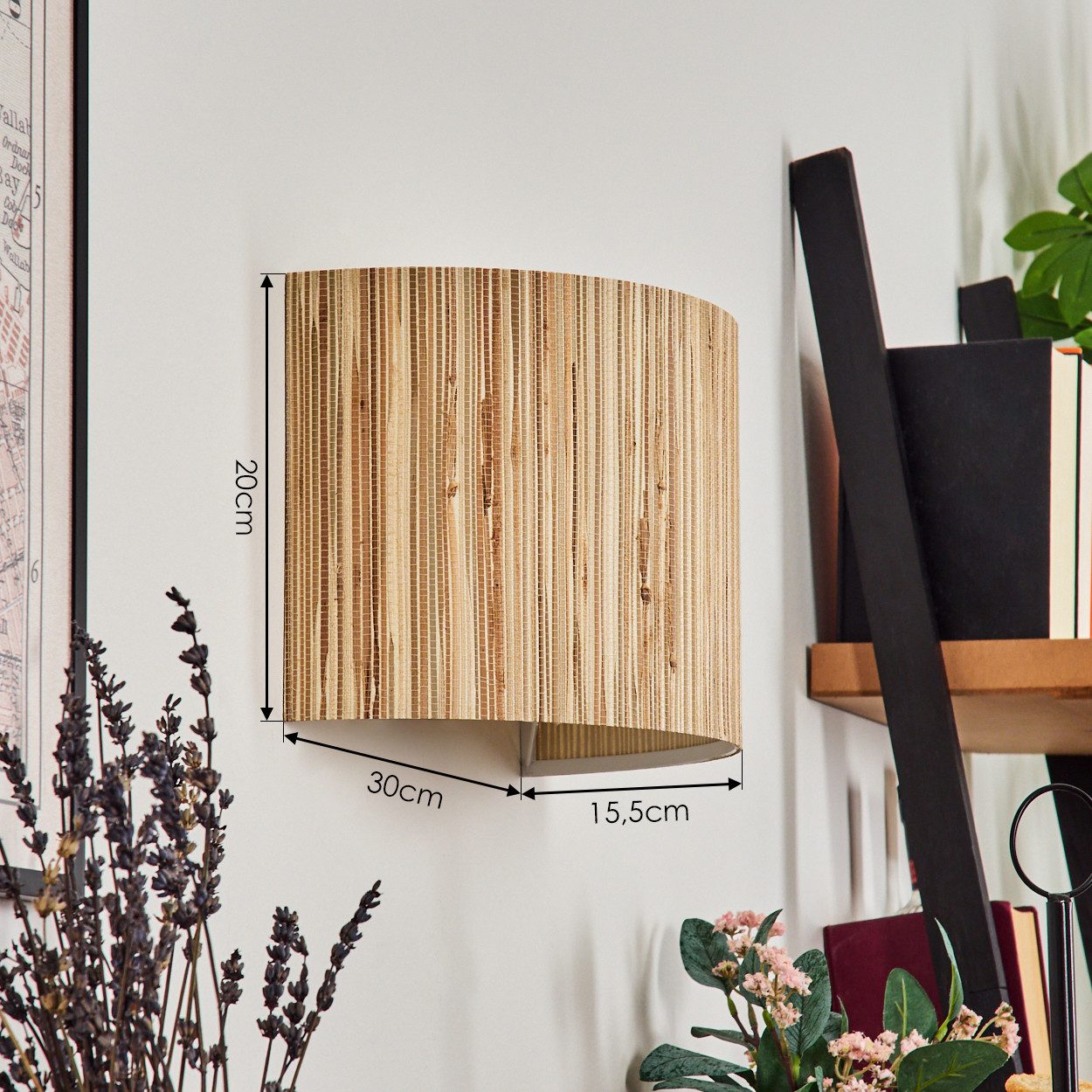 hofstein Wandleuchte moderne Wandlampe aus Metall/Seegras in Schwarz/Natur, ohne Leuchtmittel, im Boho-Design mit Up&Down Lichteffekt, 1x E27, ohne Leuchtmittel