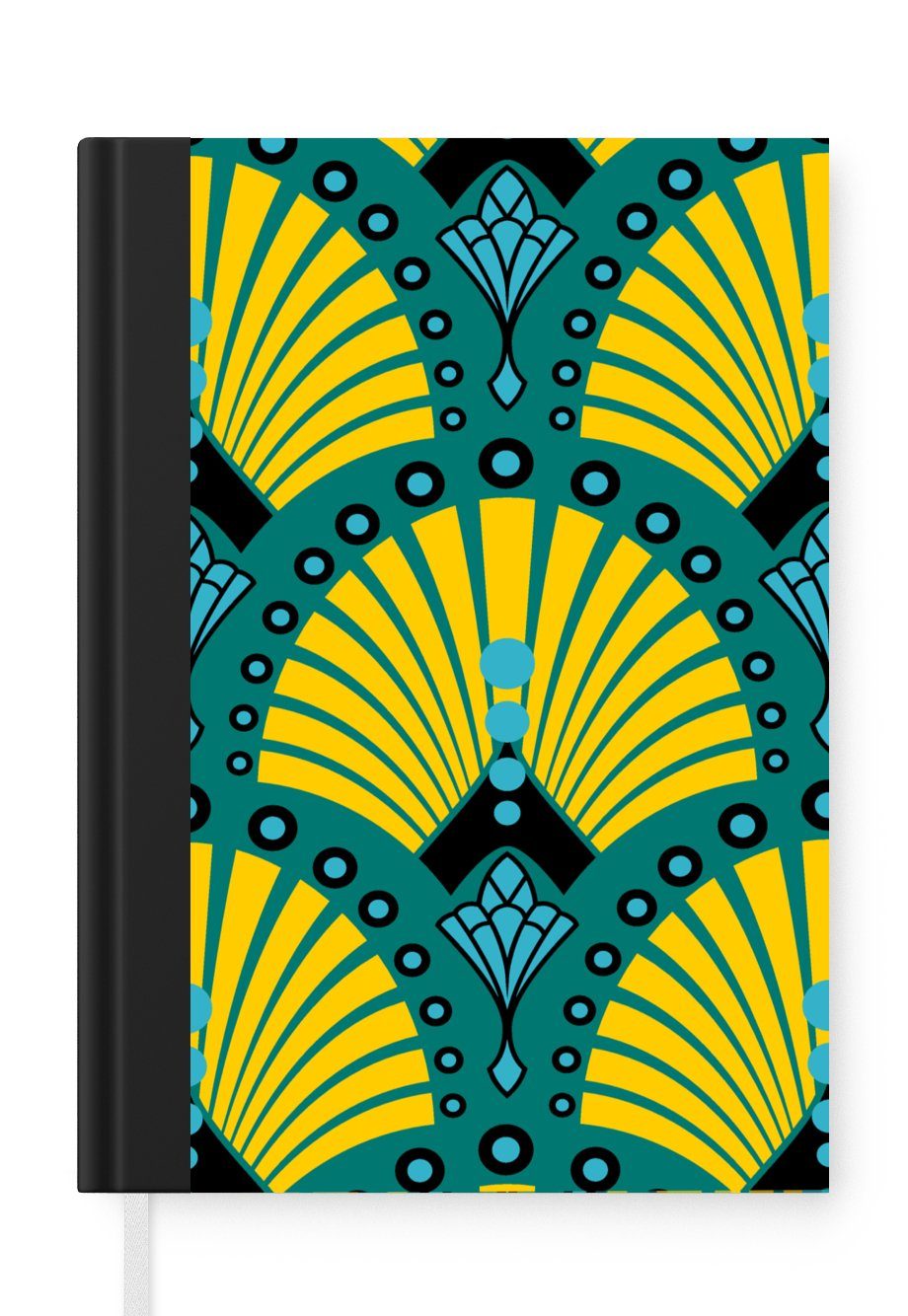 MuchoWow Notizbuch Art Deco - Muster - Blau - Gelb, Journal, Merkzettel, Tagebuch, Notizheft, A5, 98 Seiten, Haushaltsbuch