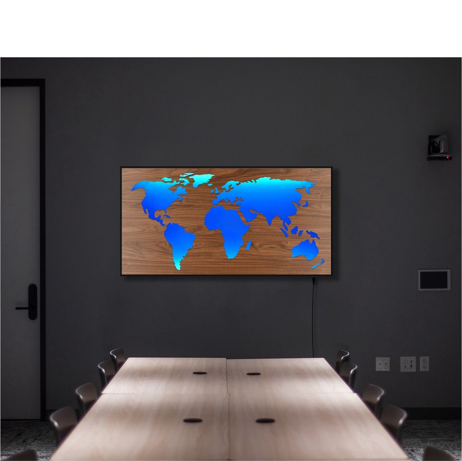 ZENLED Wanddekoobjekt Weltkarte MASCHERA ALU-Rahmen HOLZ-Optik 110x57cm - Vintage 3D-Effekt, Maske hinterleuchtet mit bunt steuerbaren RGB LEDs über Fernbedienung Holzplatte in Walnuss Optik Braun