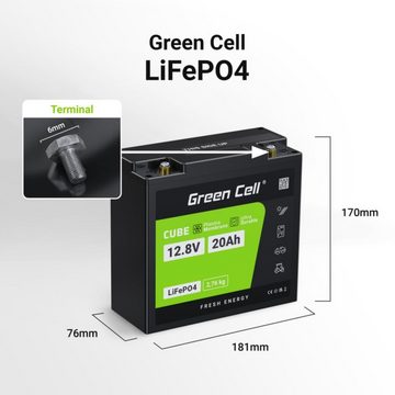 Green Cell LiFePO4 256 Wh Battery Lithium-Eisen-Phosphat-Akku 20 Ah Batterie, (12.8 V), Kapazität 20Ah, Spannung 12.8V, Spitzenentladestrom 30A