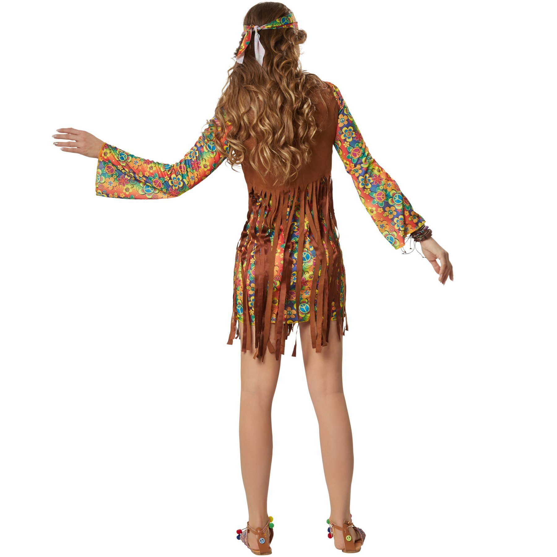 dressforfun Hippie-Kostüm Blumenkind/Friedensfreund, in bunt, Kurzes Kleid mit bunten Mustern, Gr. XXL, Ärmellose Weste in Wildlederoptik mit langen Fransen