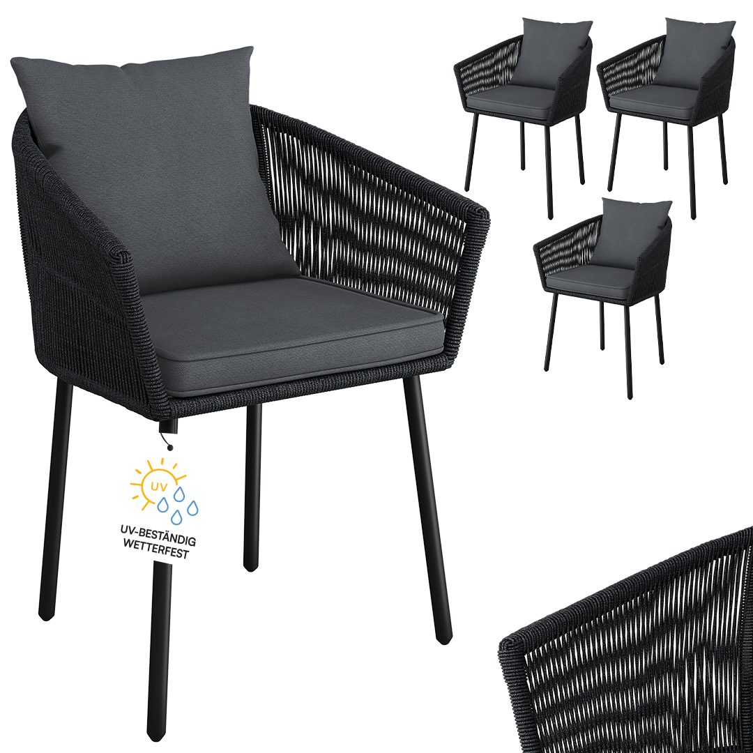 STEELSØN Gartenstuhl Nair mit Sitzauflagen & Kissen (4er Set, schwarz), Gartensessel aus Polyrattan, elastisches Seilgeflecht, wetterbeständig